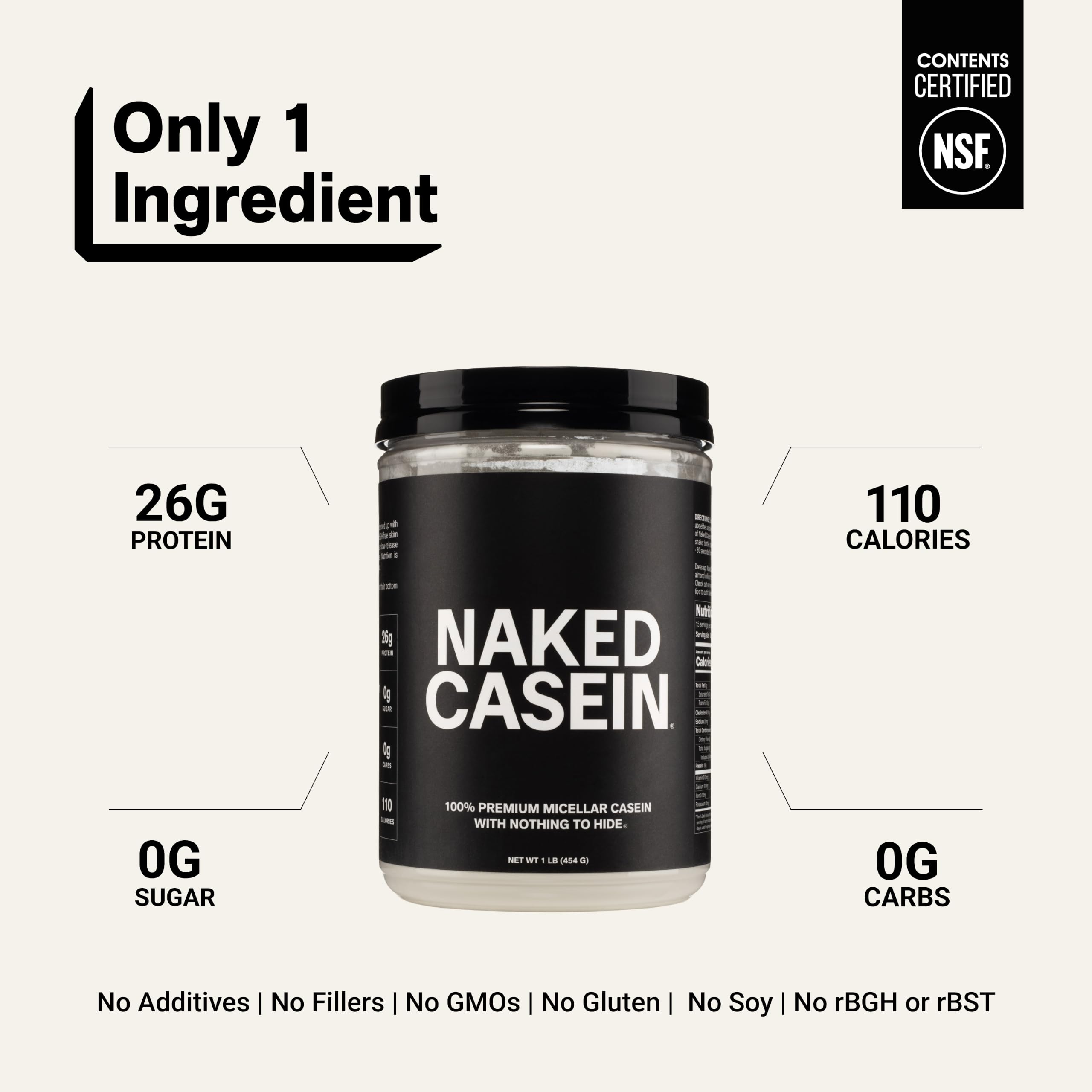NAKED Casein - 1Lb Micellar Casein Protein - Bulk, Zero Carb, NSF Certified, GMO-Free, Gluten Free, Soy Free, Preservative Free - Stimulate Muscle Growth - Enhance Recovery - 15 Servings — Amazon image 3