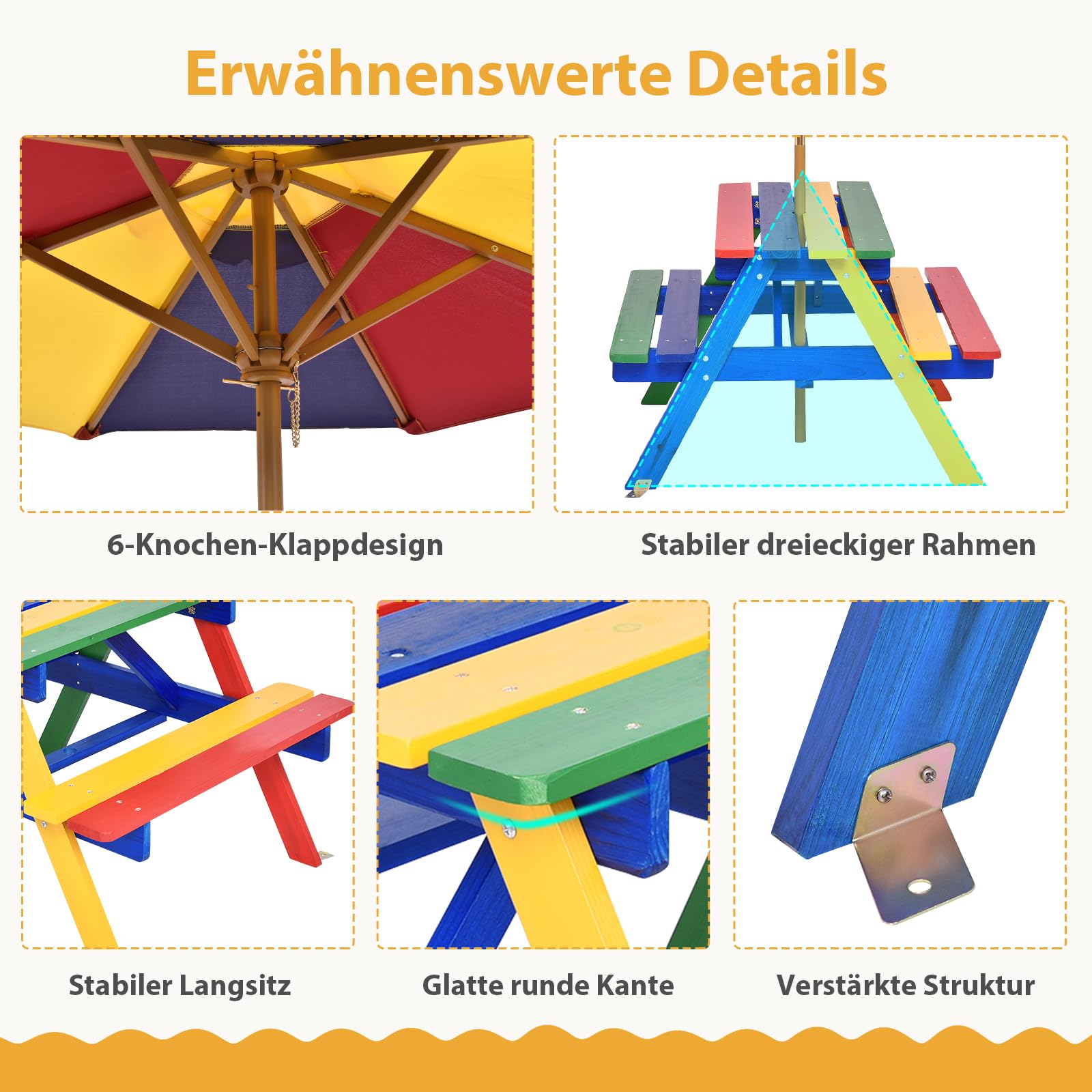 SOARS Table de Pique-Nique pour Enfants avec Parasol Réglable, Table et Bancs en Bois de Sapin pour Enfants avec Parasol, Salon de Jardin et Parc, 140 cm (Multicolore)