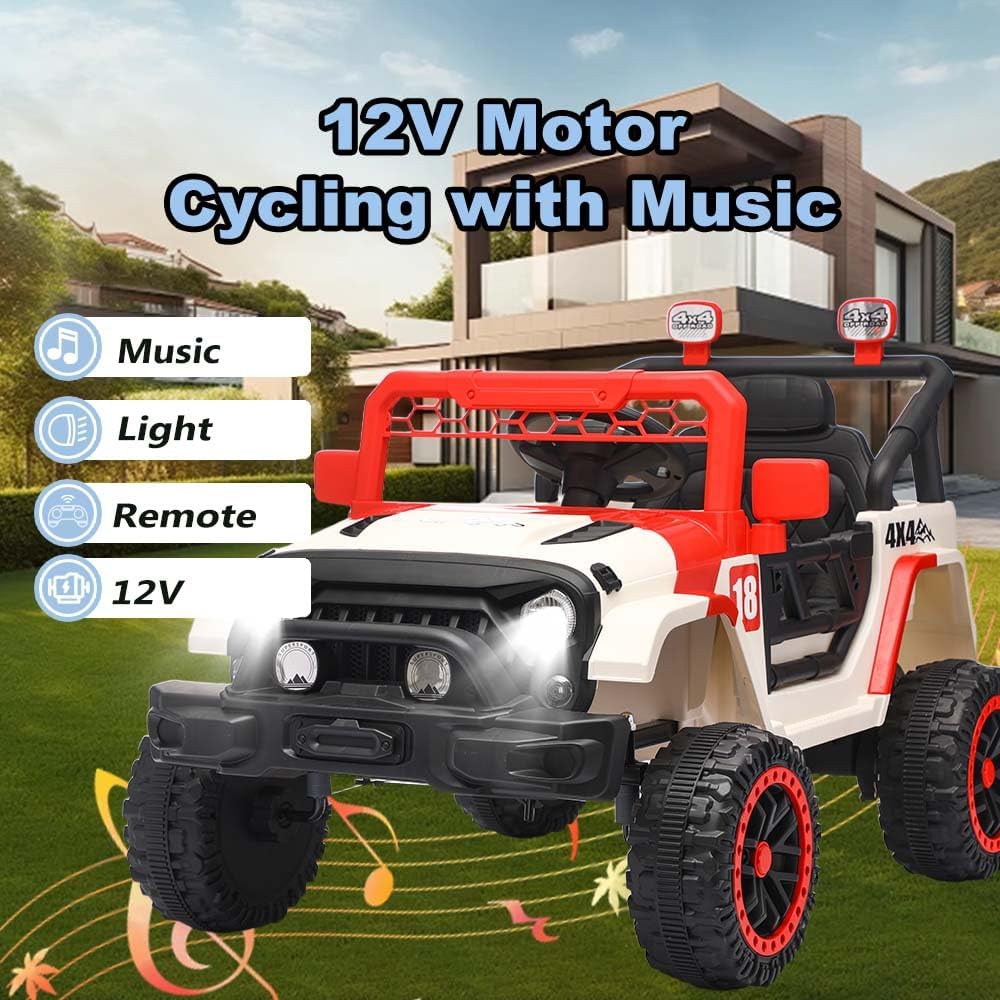 12V Kids Car, 4x4 Electric Car for Kids with Remote Control, LED Headlights & Music, Ride-On Truck Toy Gift for Boys Girls 3-8 Years (Flame Red & White)
