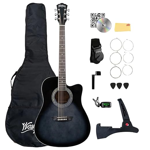 Washburn WA90CE Acoustic-Electric Guitar Kit - Black Bundle with Gig Bag, Strap, Picks, Strings, Stand, Instructional DVD and Austin Bazaar Polishing Cloth