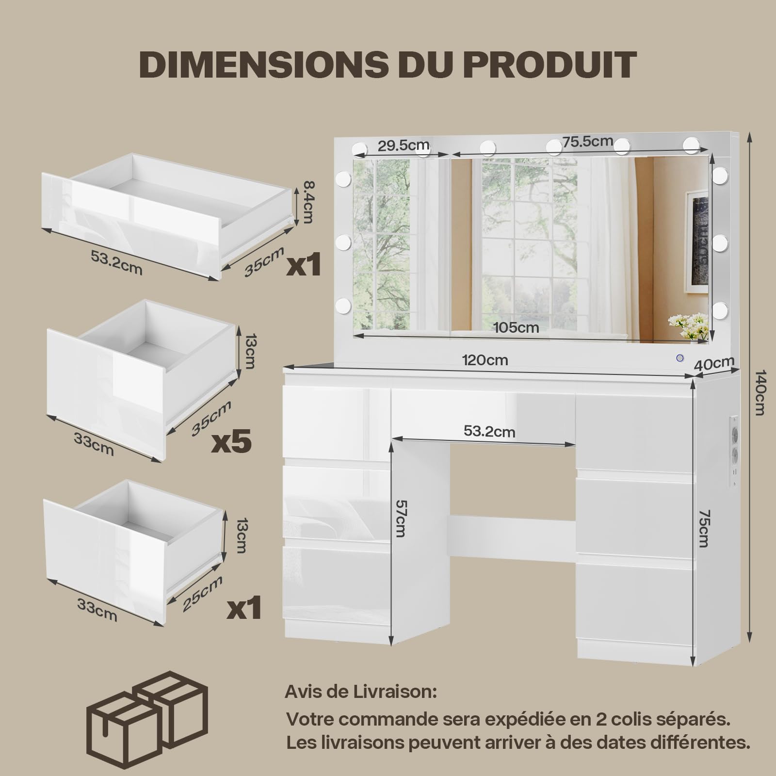 TRIUMPHKEY Coiffeuse Blanc Haute Brillance avec Grande Miroir et Multiprise, 12 Ampoules LED Réglables, Table de Maquillage avec 7 Tiroirs, Rangement de Bijoux, 120x40x140cm Grande Commode Moderne