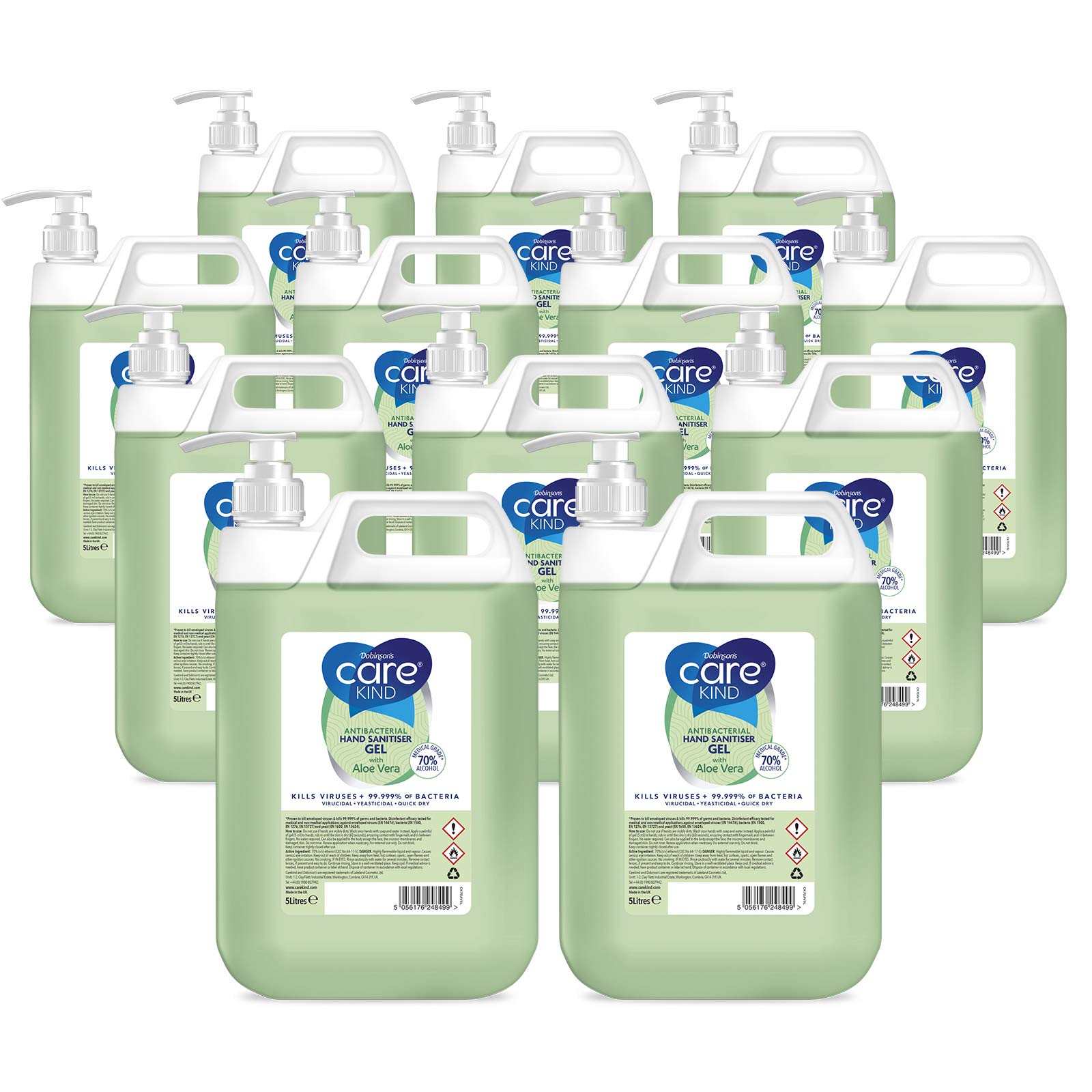 Carekind 70% Hand Sanitiser Gel 5 Litre - with Aloe Vera Extract - Antibacterial Hand sanitizer gel with Medical Grade Alcohol, Kills Viruses & 99.999% of bacteria. With pump dispenser (Pack of 12)