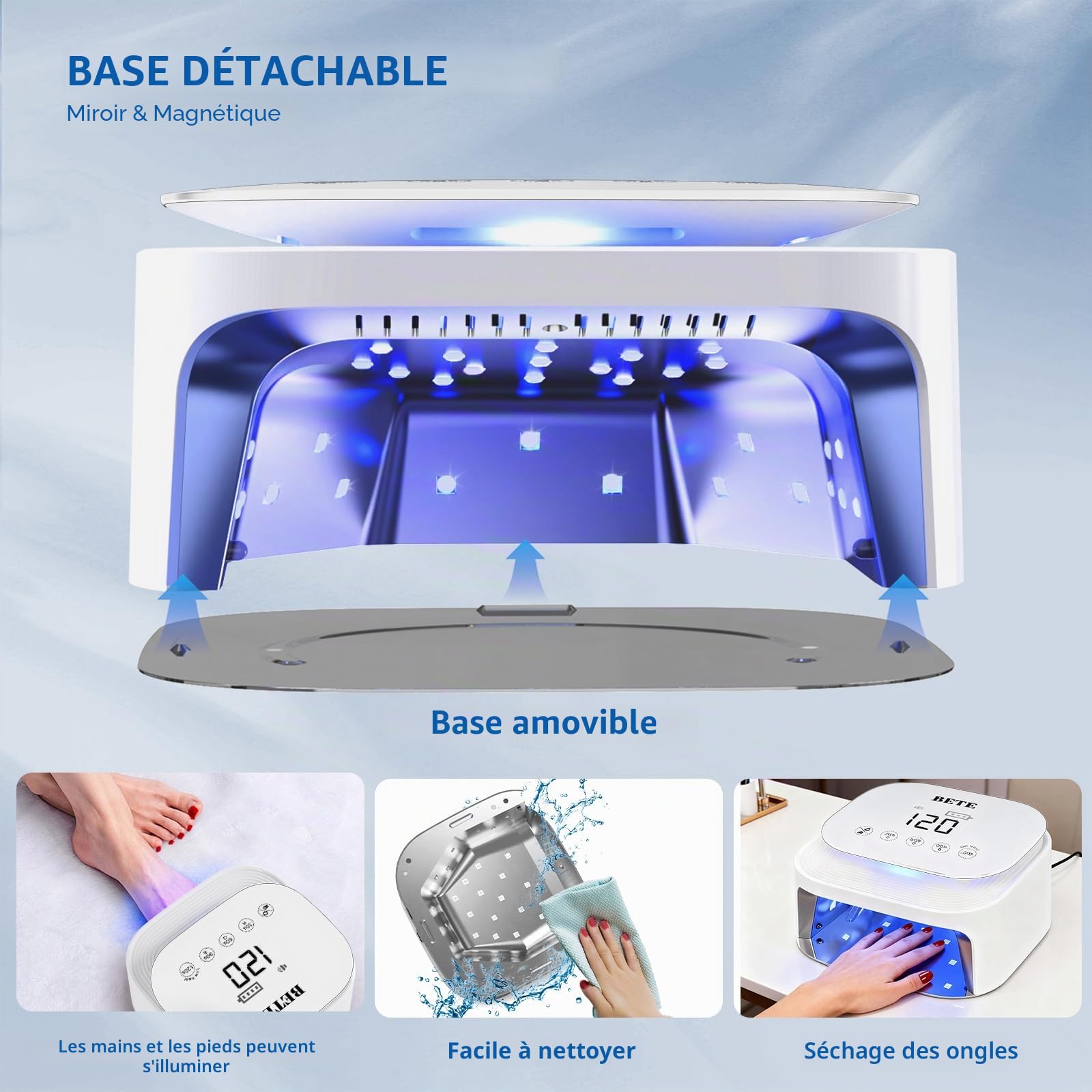 Lampes UV LED sans fil BETE 60W - Séchoir pour vernis gel rechargeable avec capteur automatique, 30 perles et 4 réglages de minuteur portable pour usage domestique/salon White
