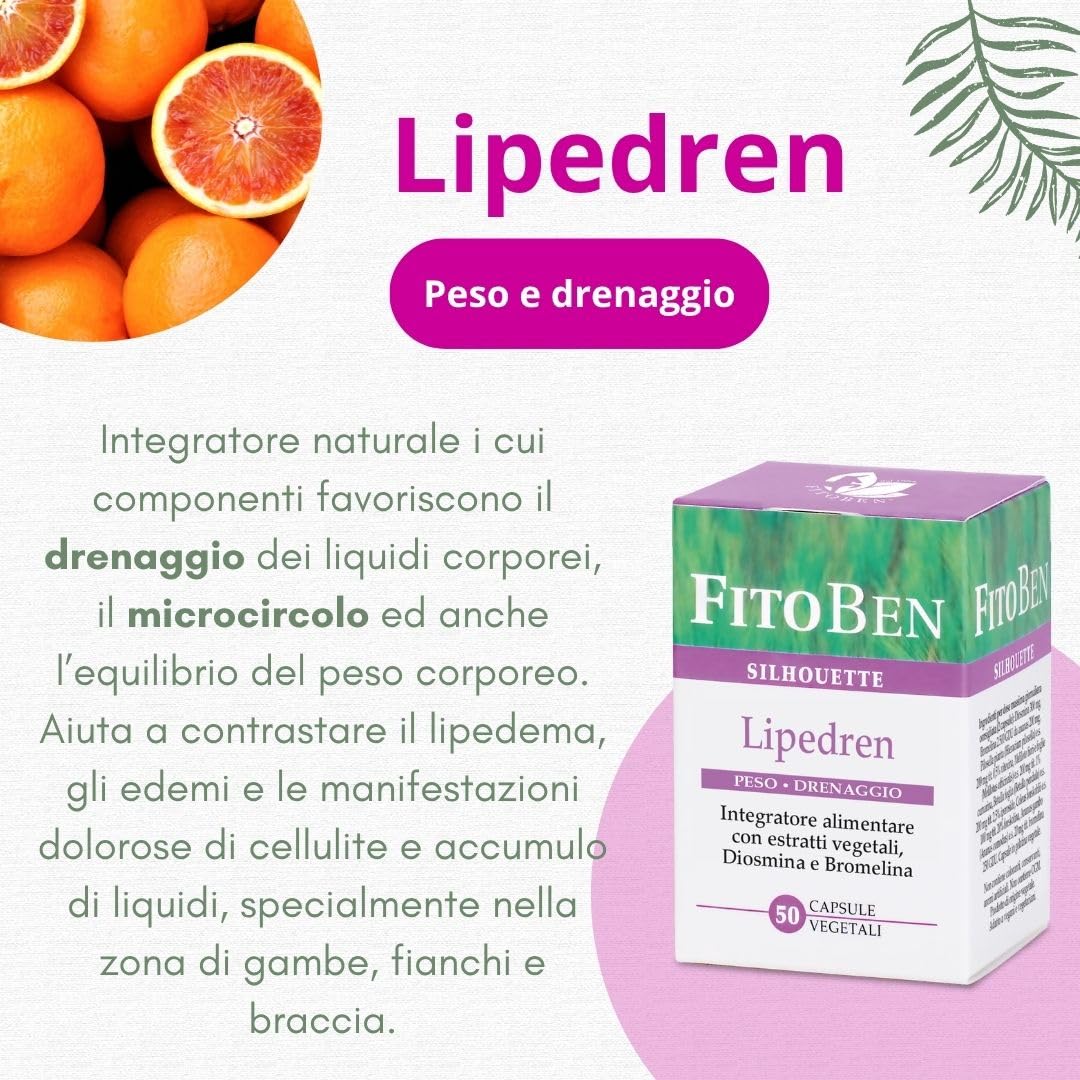 Fitoben | Lipedren Integratore Naturale per il Drenaggio dei Liquidi, il Microcircolo e l'Equilibrio del Peso Corporeo, 50 Capsule Vegetali