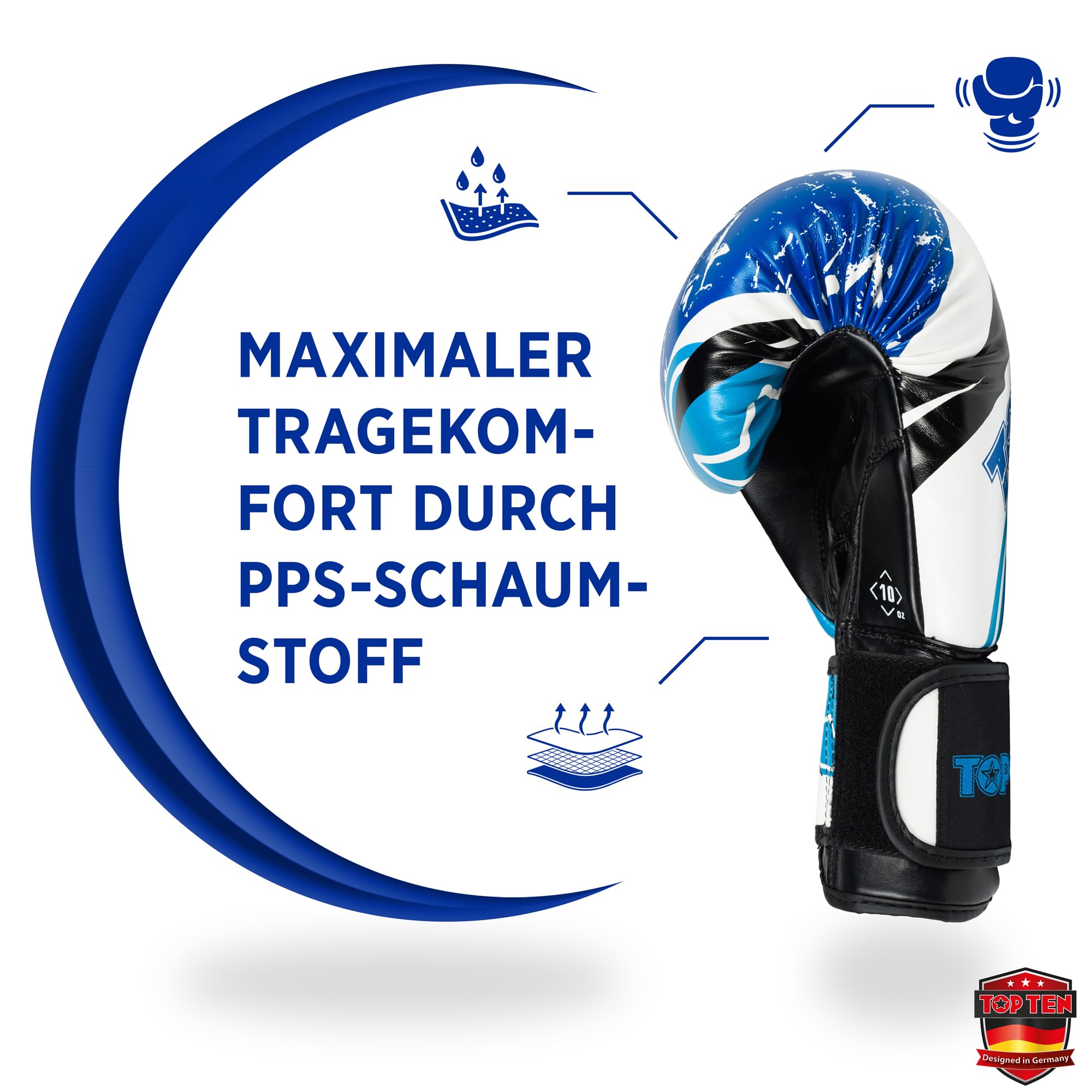 TOP TEN Boxhandschuhe Männer & Frauen Urban Arts – Professionelle Kickbox Handschuhe Herren mit Ergonomischem PPS-Schaumstoff, Stabiler Klettverschluss & Daumenfixierung - 10oz, 12oz, 14oz, 16oz