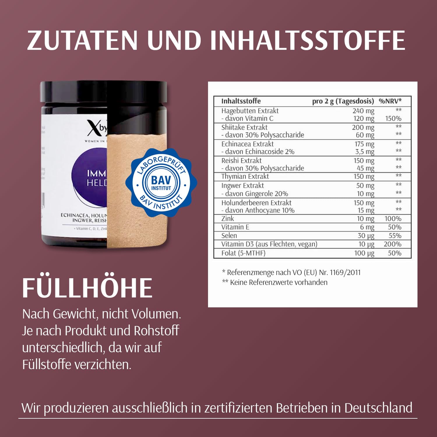 XbyX Immun Heldin 70 g | Multivitamin Immun-Komplex | Vitamin C D E | Zink & Selen | Reishi Shiitake Pilze | Immunsystem stärken | Echinacea Ingwer & Thymian Extrakt | Holunderbeeren Geschmack | Vegan