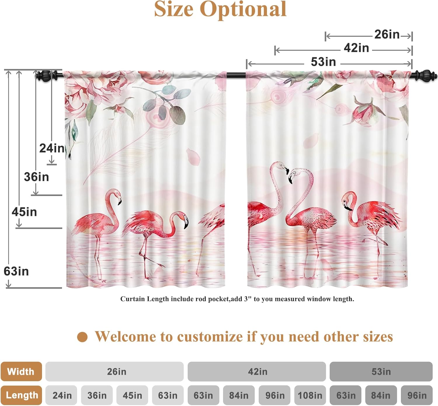 Renaiss 26 x 45 Inch Flamingo Small Kitchen Curtains Pink Lake Flower Cafe Short Window Curtains Lovebirds Window Treatment for Girls Daughter Badroom Curtains Flamingo Linen Home Decoration 2 Panels