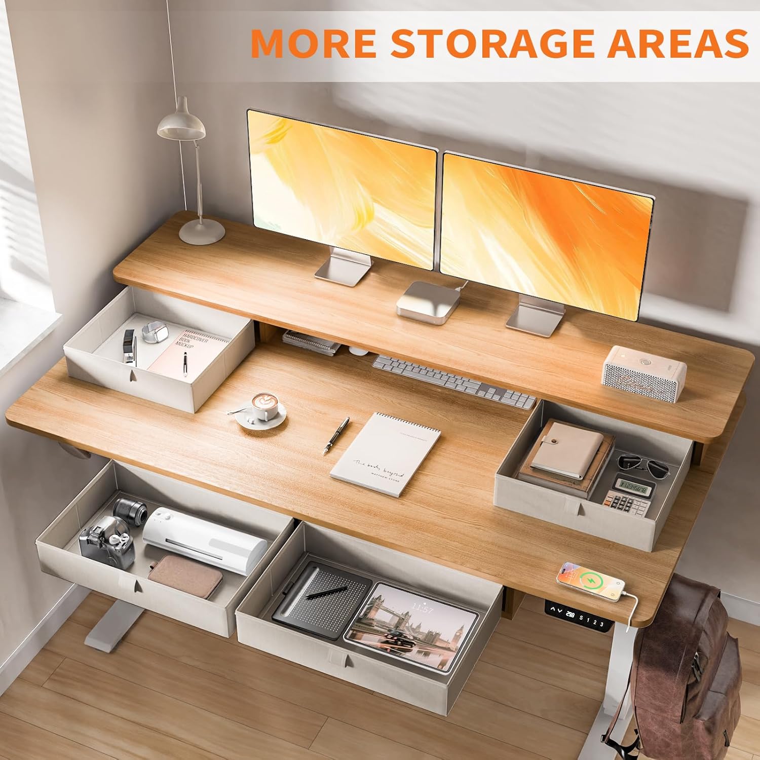 Electric Standing Desk, 63 * 30 Inches Adjustable Height with 4 Drawers, Double Storage Shelves, Home Office Workstation Sit Stand up Desk (Nature)