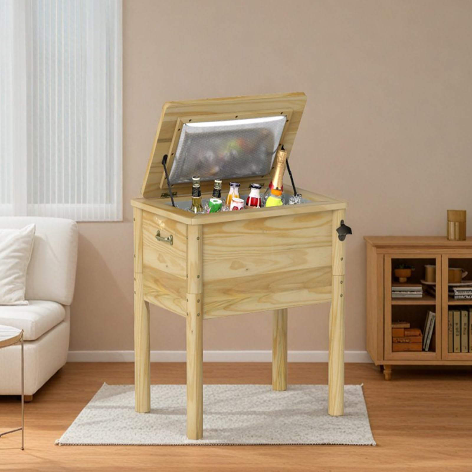 SOARS Frigorifero per rotelle, 51 l, bar all'aperto mobile 67 x 47 x 74 cm, tempo di mantenimento 2-4 ore, materiale in legno di pino solido, per giardino, terrazza, piscina, bistrot, naturale
