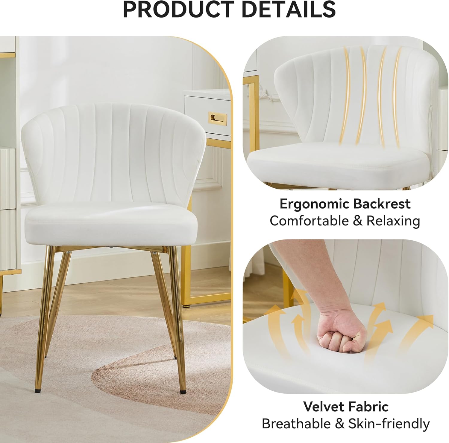 Velvet Vanity Chair, Modern Makeup Chair with Back Golden Legs, Small Cute Accent Chair for Vanity, Living Room, Bedroom, White