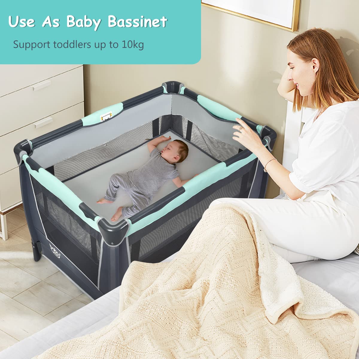COSTWAY 4 in 1 Foldable Travel Cot, Portable Baby Bed Playard with