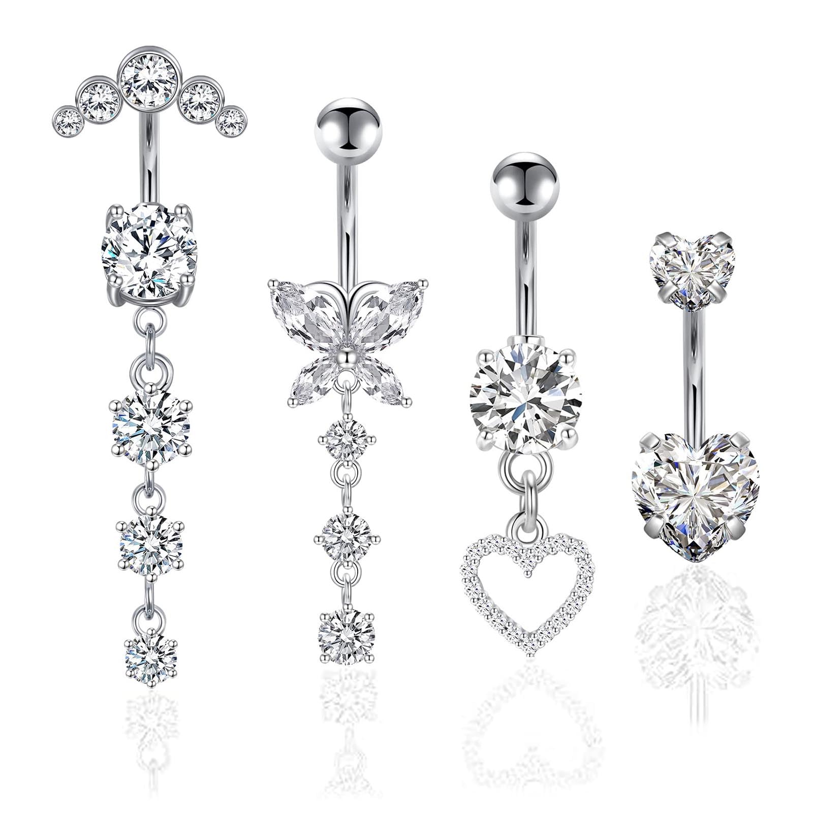 Set 4 Piercing Ombelico Acciaio Inox 316L - Cuore, Farfalla E Diamante | Gioielli Donne - Foto 13