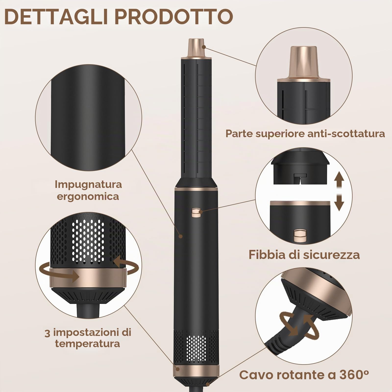 Spazzola Asciugacapelli Multifunzione, Air Styler 5 in 1, Ferro Arricciacapelli Ioni Negativi, Piastra con 5 Accessori, 3 Temperature, Spazzola ad Aria Calda per Asciugatura Raddrizzamento