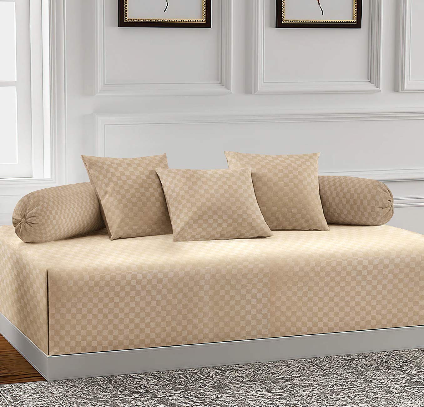 BROMWICK Solid Plain Color Emboss Glace Cotton Diwan Set of 6 Pieces, 3 Cushion Covers 2 Bolster Cover with Single bedsheet Size 70 x 100 inches (Dark Beige)