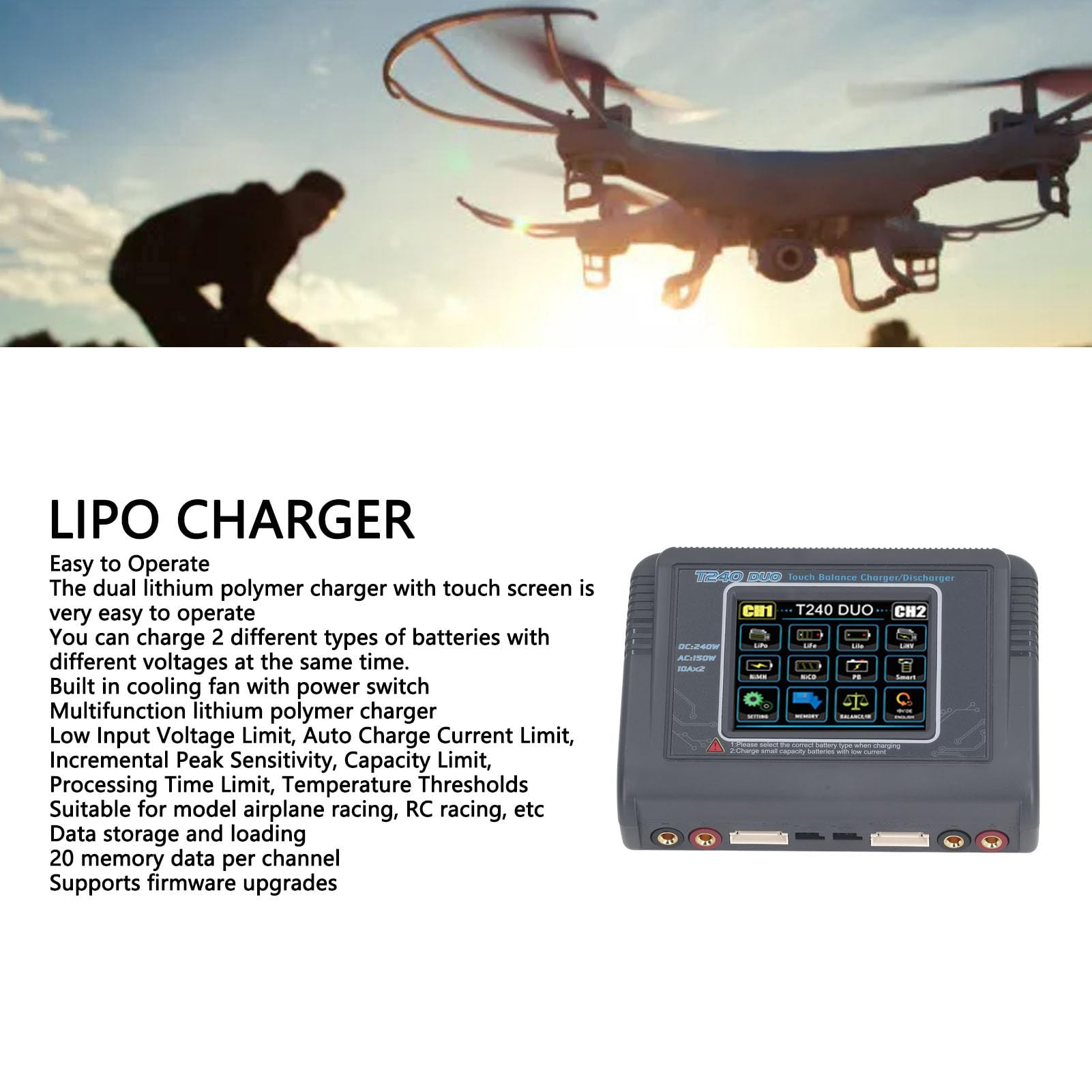 Caricabatterie Lipo, Caricabatterie con Bilanciamento Batteria Lipo da 100‑240 V per Auto RC (Spina UE 100‑240 V)