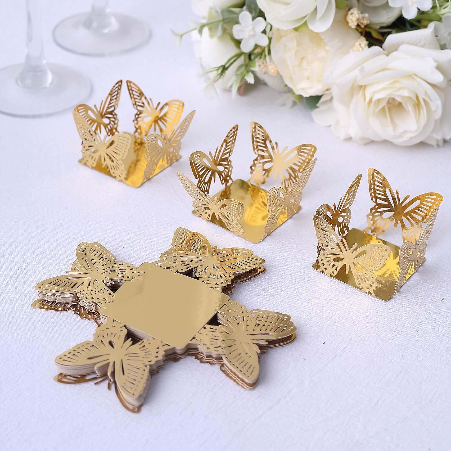 Efavormart 50-Pack 4 Inch Gold Butterfly Paper Truffle Liners, Metallic 225GSM Decorative Dessert Tray Wrappers for Boutique Catering, Not For Baking
