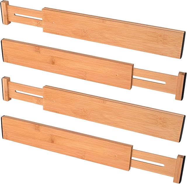 4PCS Bamboo Drawer Dividers Adjustable Drawer Organisers 13.39"-16.93" Spring Loaded Kitchen Utensil Organizer for Kitchen, Dresser, Bedroom, Bathroom and Office (4pcs Dividers)
