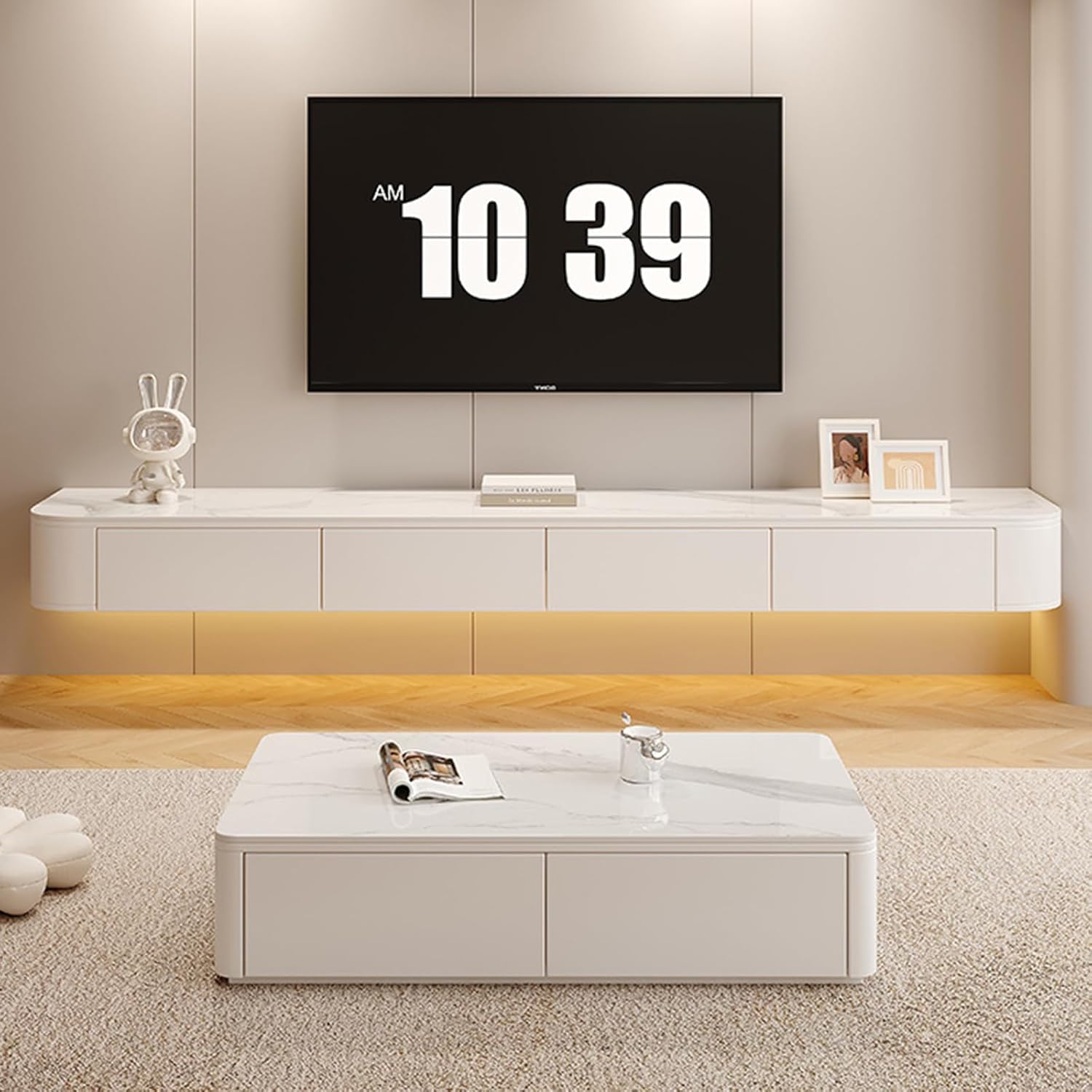 Wisząca szafka pod telewizor, pływająca szafka pod telewizor, czarna szafka ścienna z litego drewna z 2 szufladami, elegancki i wiszący design, półka do przechowywania do salonu lub sypialni (tekstura