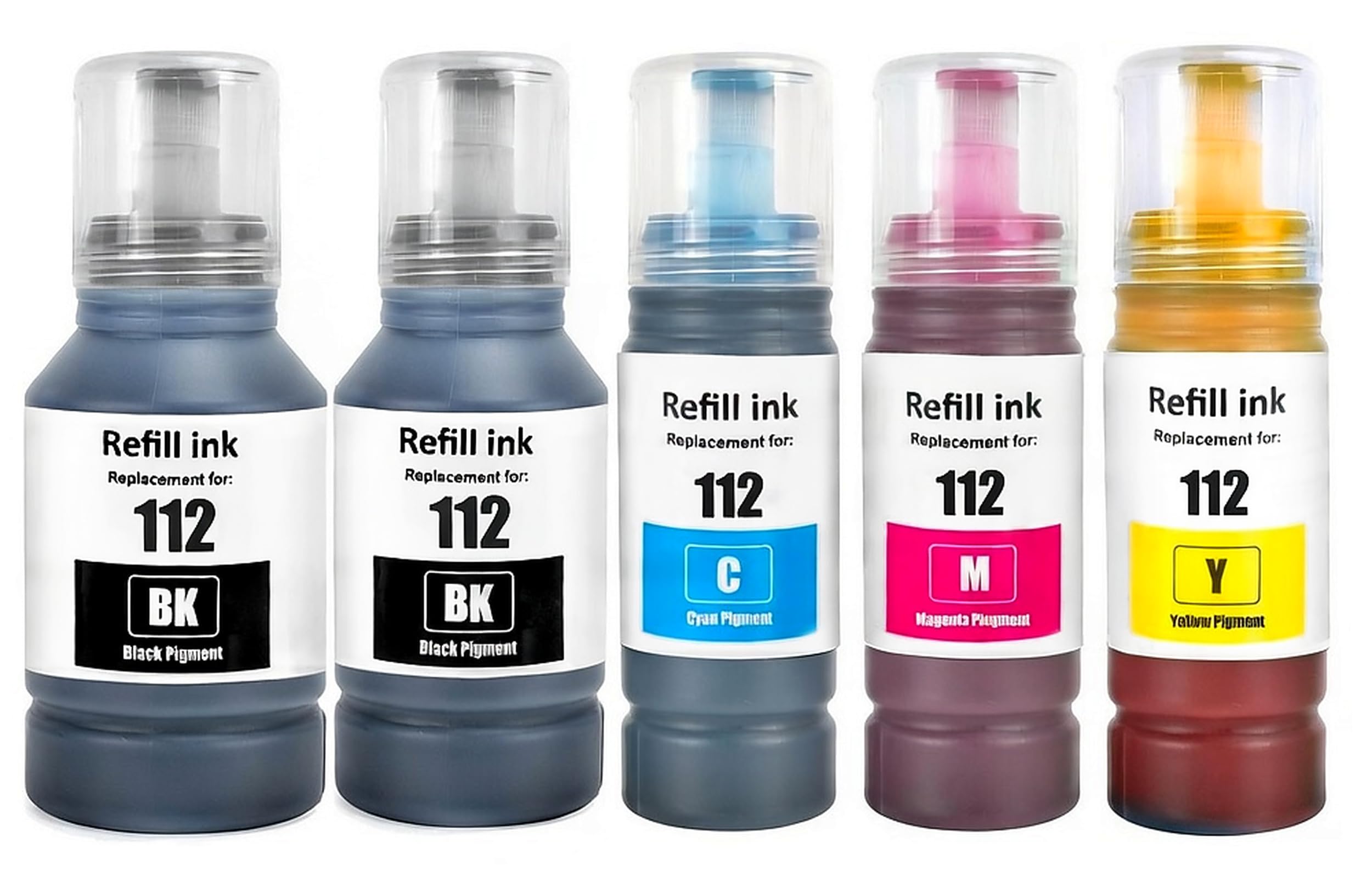 NexNova 112 Pigment Ink Refill 5-Pack Compatible with Epson EcoTank L6550 L6570 L6580 L11160 L15150 L15160 M15140, 2 Black Plus Cyan Magenta Yellow