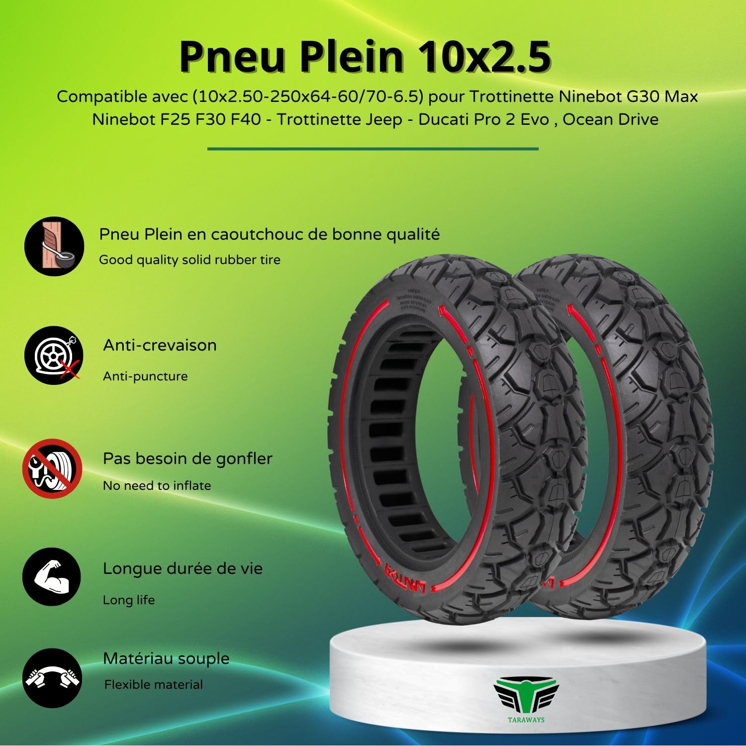 Pneu Plein Anti-Crevaison 10x2.5 (10x2.50-250x64-60/70-6.5) pour Trottinette Ninebot G30 Max et F25 F30 F40 - Trottinette Jeep, Ducati Pro 2 Evo, Ocean Drive (2xTire)