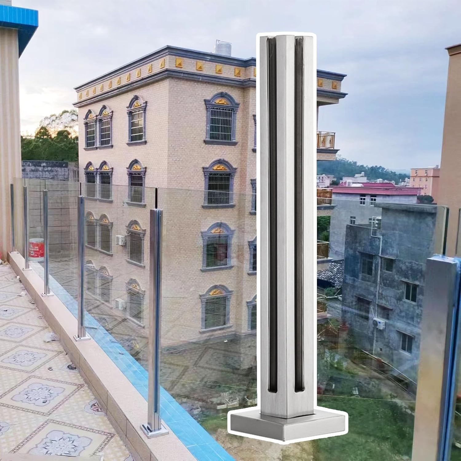 Outdoor Glass Railing Post Kit for Balcony & Patio, Heavy Duty Stainless Steel Handrail, Silver 304 Glass Fence Clamp Spindle, 33.5" Height Safety Solution