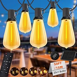 Gaoxun 50FT Solar/USB Outdoor String Lights with 25 Shatterproof LED Bulbs(1 Spares), Waterproof ST38 Patio Lights Dimmable with Remote, 3 Modes, Timer, for Backyard Garden Party, 2700K Warm White