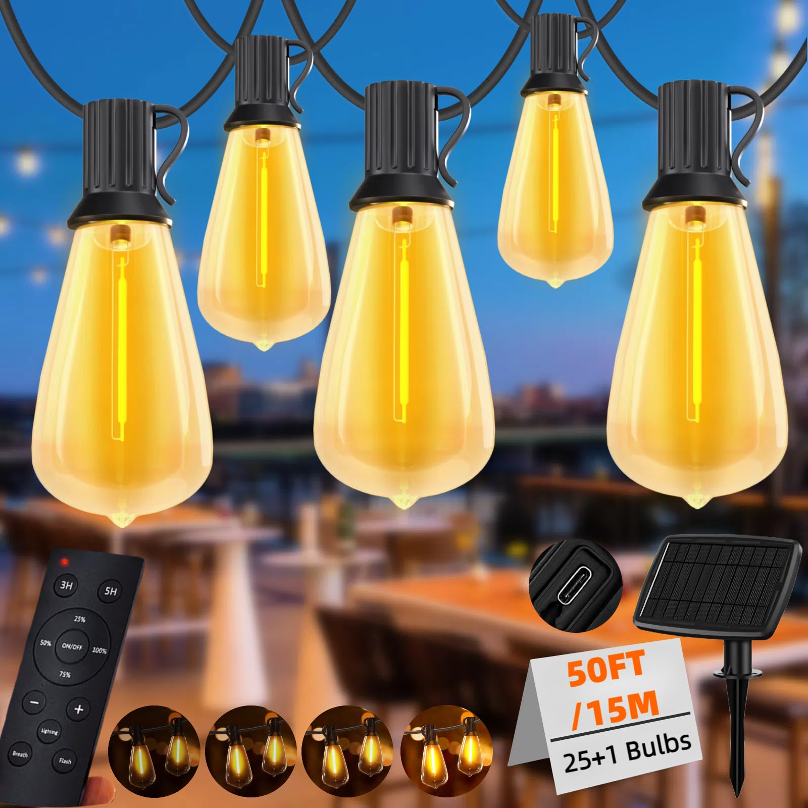 Gaoxun 50FT Solar/USB Outdoor String Lights with 25 Shatterproof LED Bulbs(1 Spares), Waterproof ST38 Patio Lights Dimmable with Remote, 3 Modes, Timer, for Backyard Garden Party, 2700K Warm White - 1