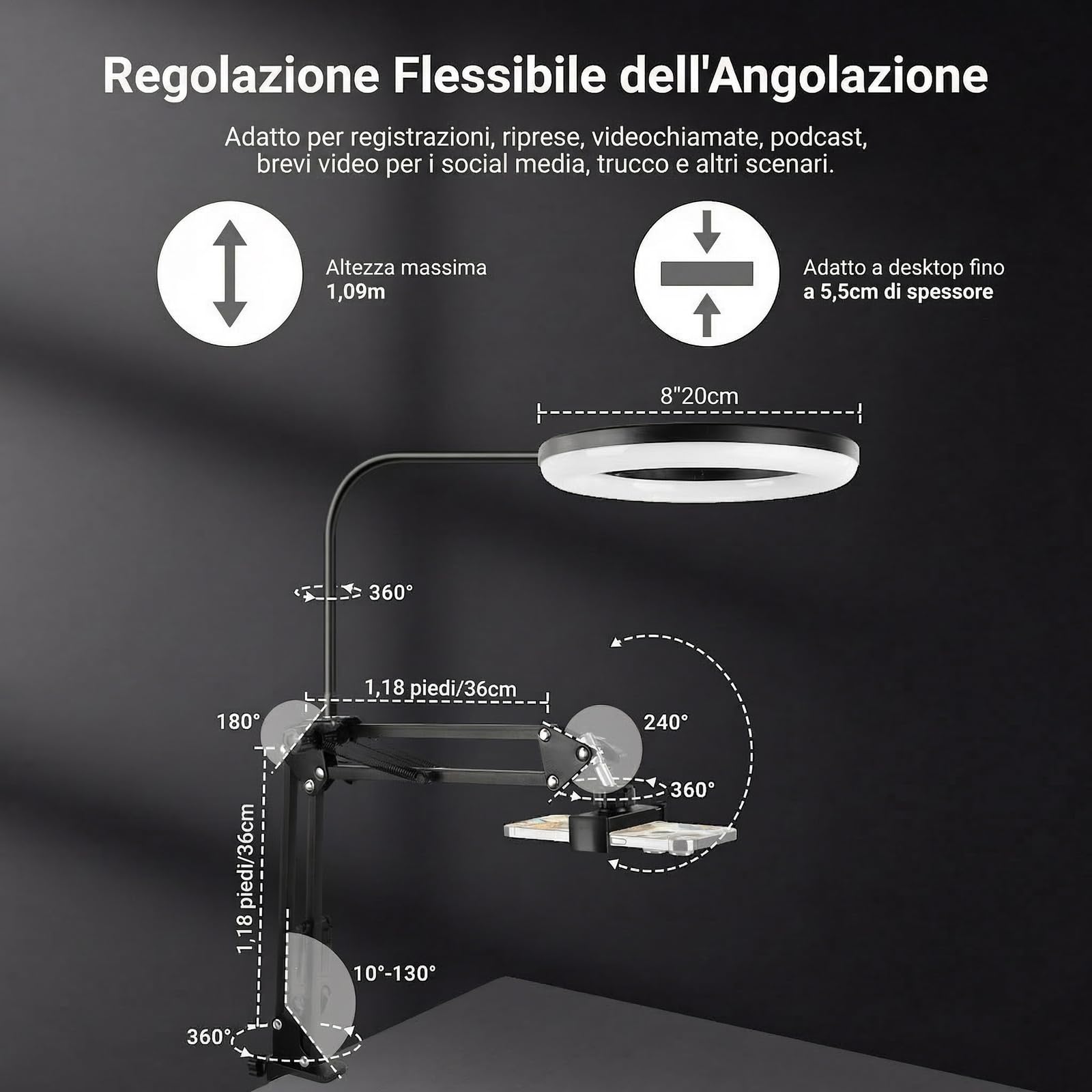 NEEWER ENTRY LEVEL VERSIONE N41 8 "LED Ring Light con morsetto da scrivania Stand/telecomando, Supporto per telefono compatibile con iPhone, Streaming Registrazione Video Selfie Nail Tech Food