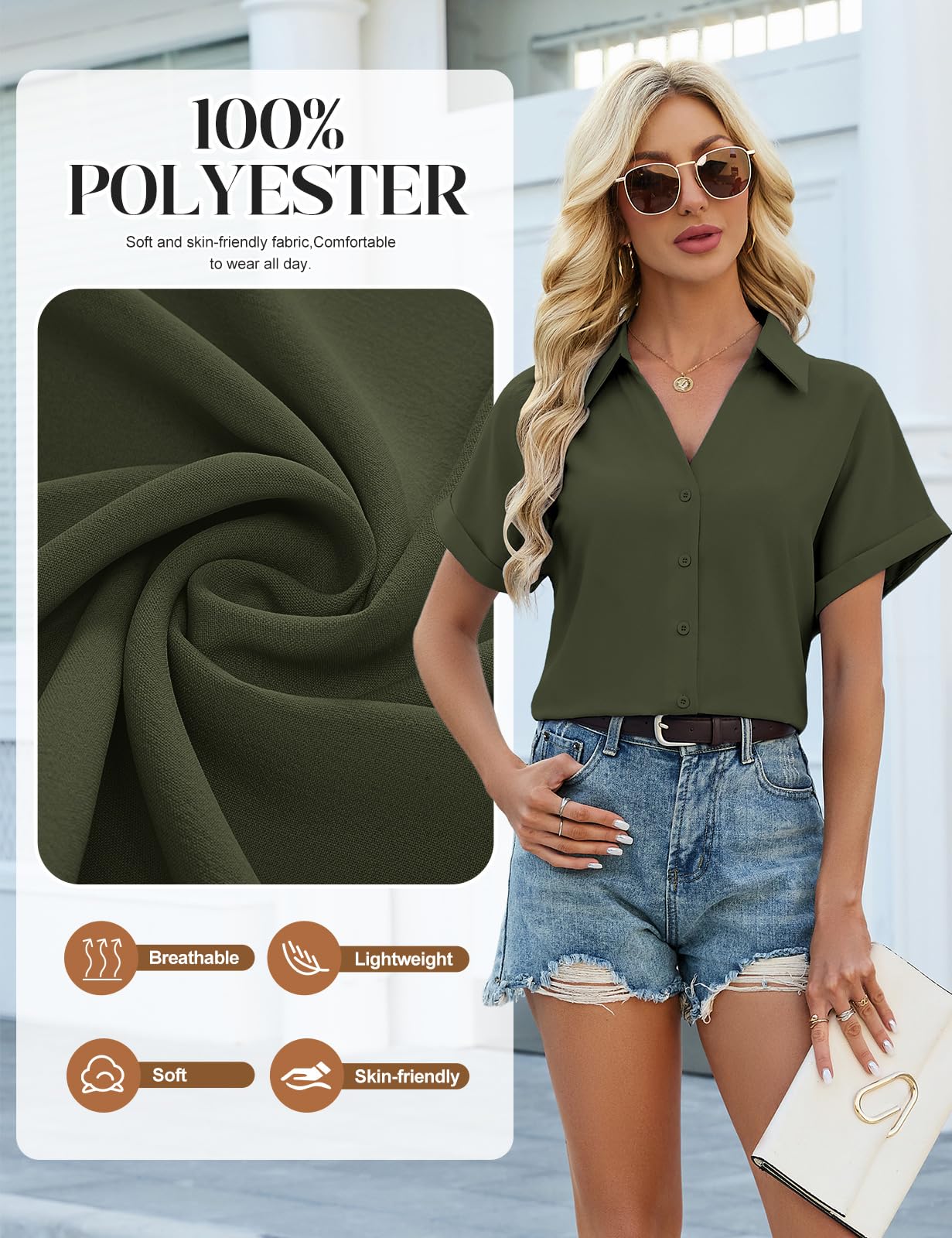 HEEKPEK Camicia Donna Estiva Camicetta Manica Corta Elegante Blusa Scollo a V Top Maniche a Pipistrello con Bottoni Maglietta Classico Tinta Unita Moda Casual Lavoro Shirt