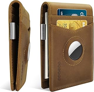 AirTag Wallet with Money Clip, Genuine Crazy Horse Leather Credit Card Bifold Wallet Airtag Men Women Slim, RFID Minimalist Air tag Wallet Holder for Apple Air Tag, Airtags Accessories