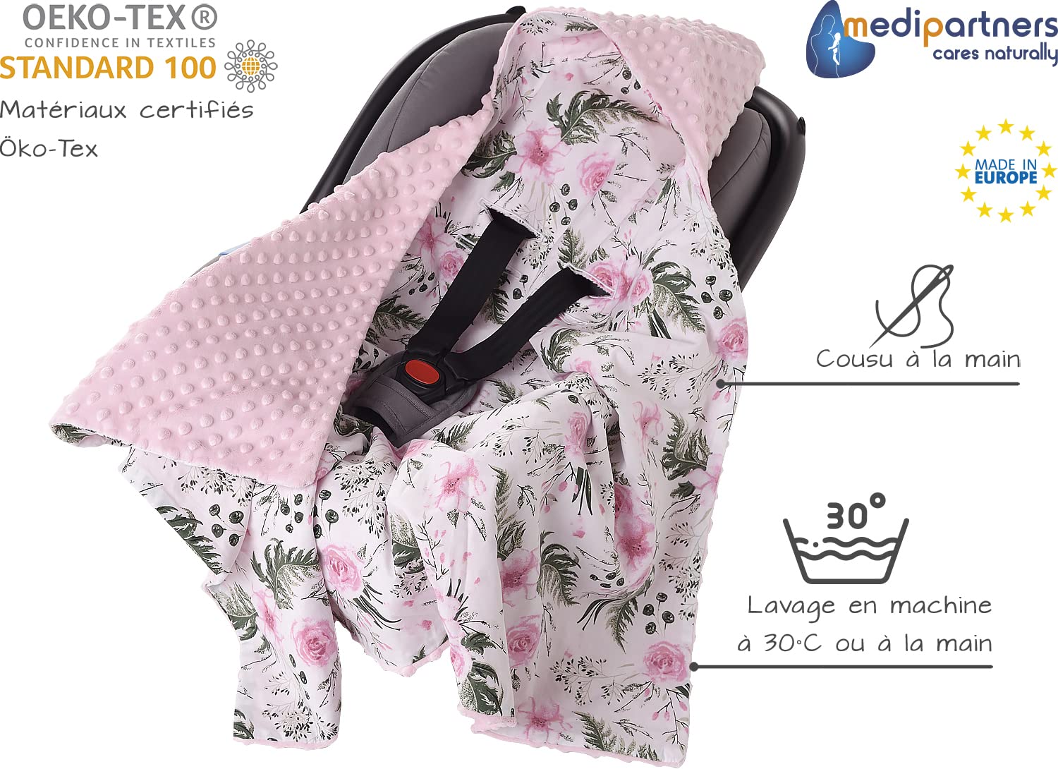 5 éléments Cocon de Bébé 100x60x15cm 100% Coton Baby Nest Medi Partners Reducteur de lit Bébés Oreiller Couverture Insert Amovible & Couverture enveloppante bébé nid d Ange siège Auto 85x85cm