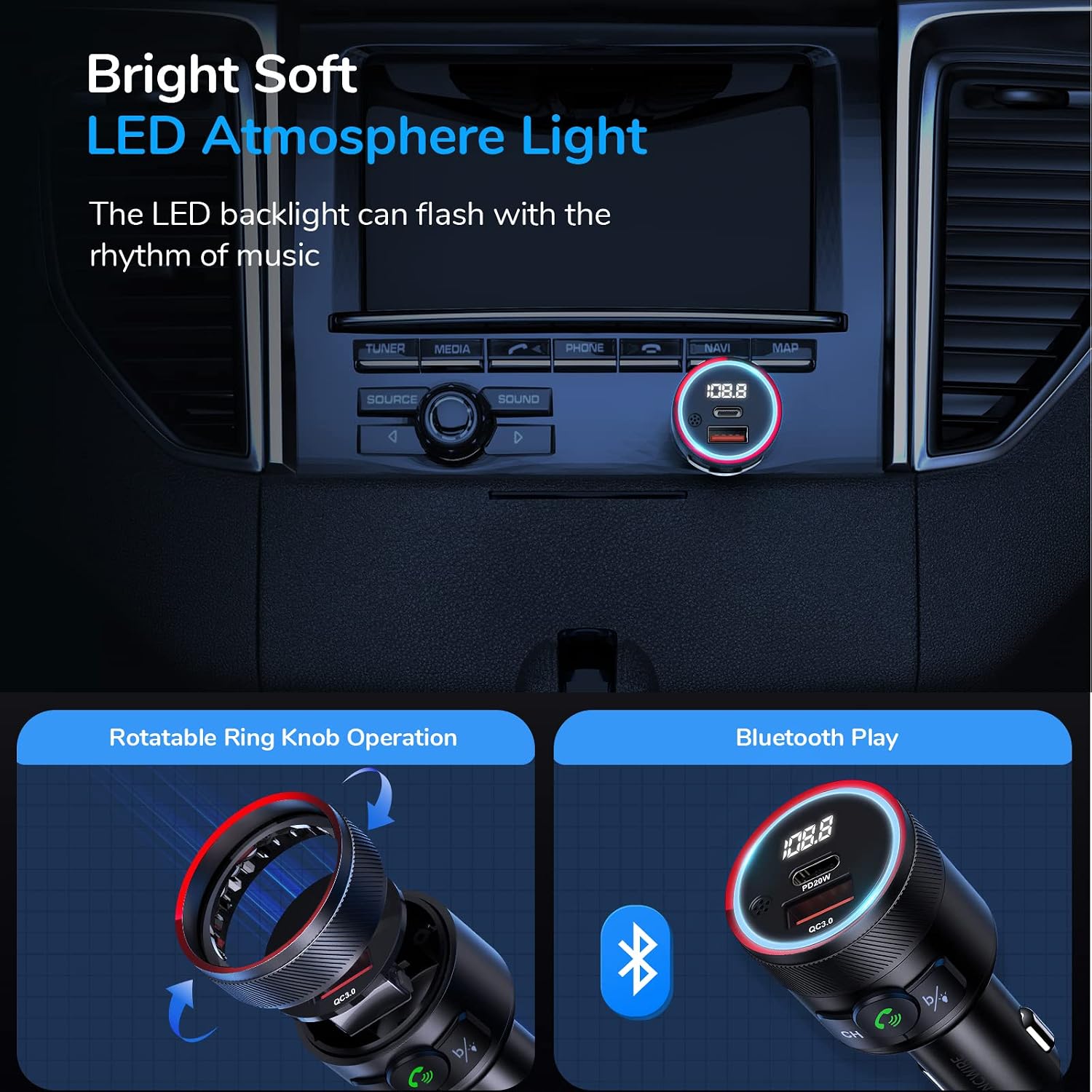 Syncwire Bluetooth 5.1 FM Transmitter for Car, 38W PD & QC3.0 Fast Car Charger Wireless Bluetooth FM Radio Adapter Bass Sound Music Player FM Car Kit with Hands-Free Calling