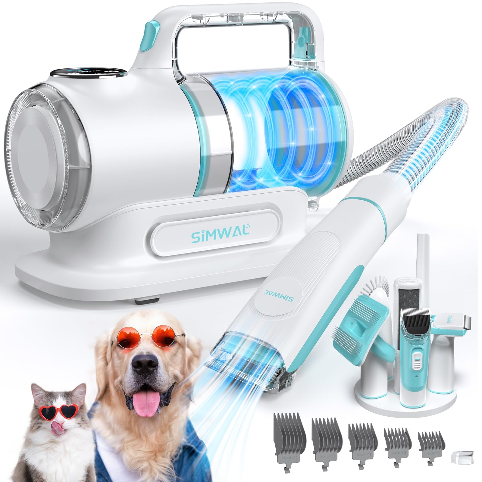 SIMWAL Maquina Cortar Pelo Perros con Aspirador, Succión 99% Pelo de Mascotas, Juego de Cortapelos Perros Profesional, máquina de corte silenciosa para perros y gatos y otras 11 herramientas de aseo