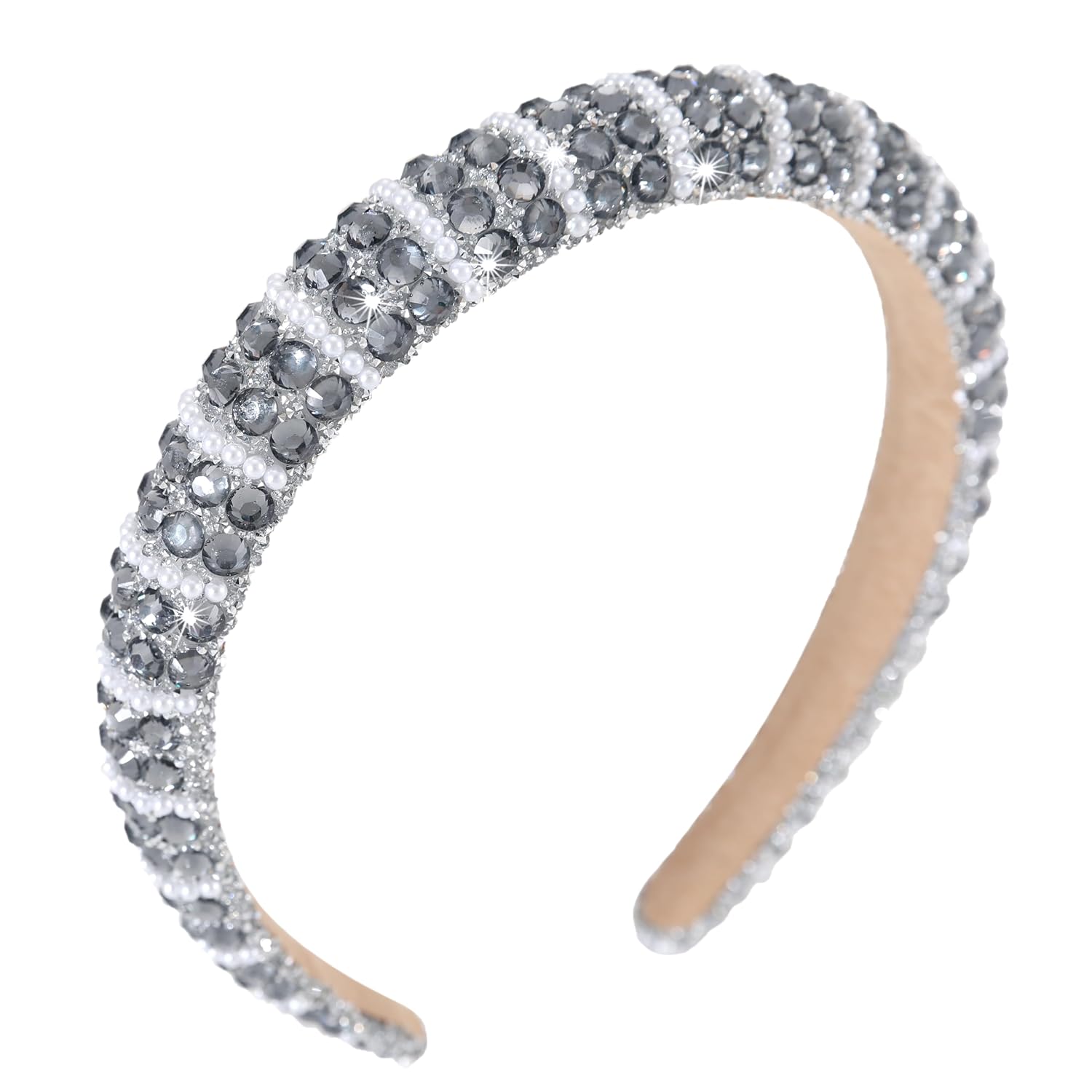 Silver Diamond Rhinestone Headbands for Women Girls Bling Sparkle Beaded Crystal Headband Jeweled Thick Padded Hairband Non Slip Glitter Hair Hoop Accessories A-Gray