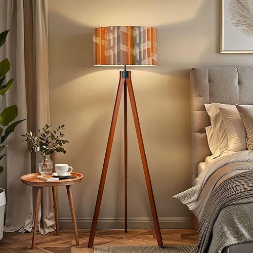 Miniatura 5 de Trípode de madera, lámpara de pie futurista, retro, línea artística, a rayas, texturas desgastadas, sin costuras, lámpara de pie de mediados de