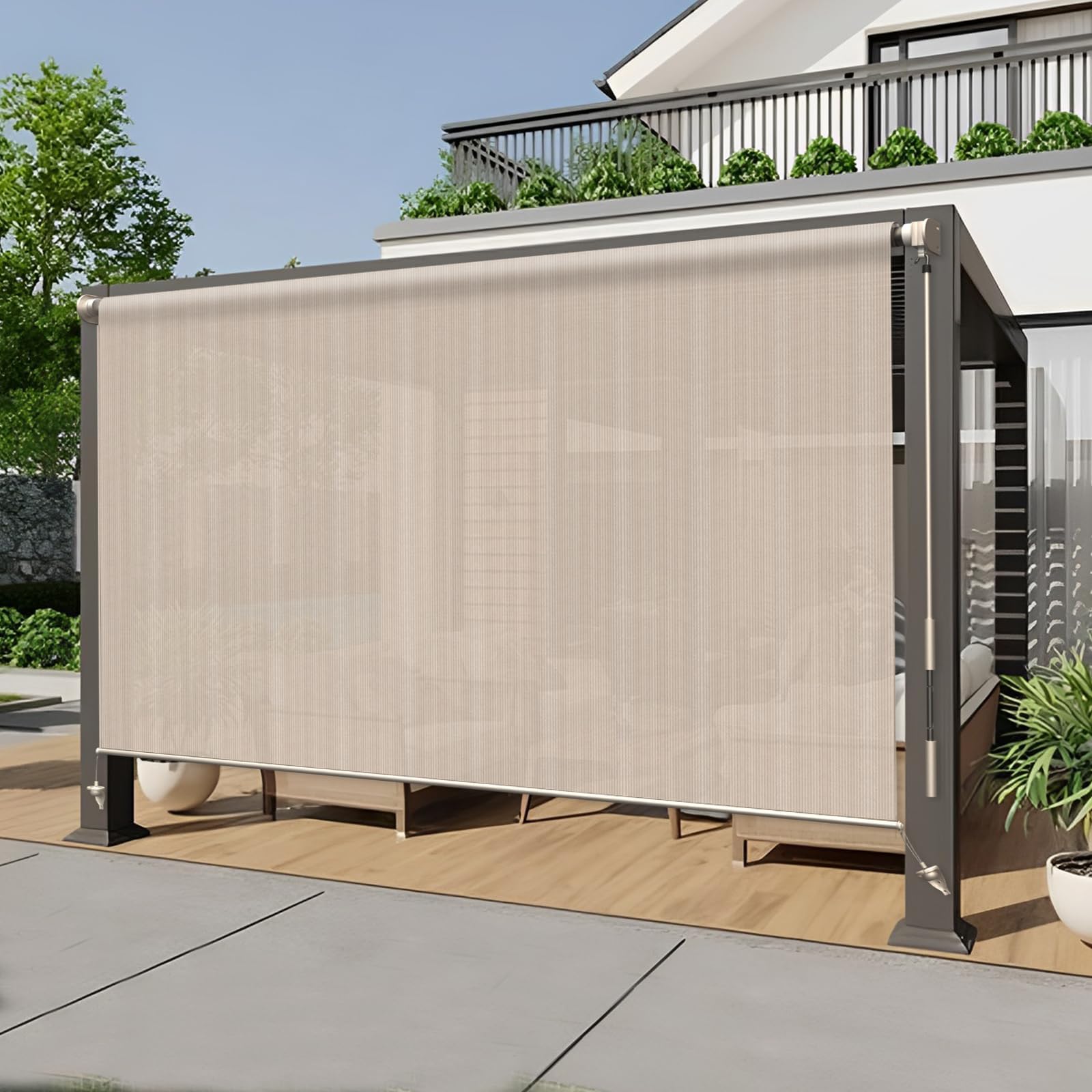 HENG FENG Outdoor Roller Shade 6'(W) x 8'(H) Patio Shades Roll up Outdoor Blinds Cordless Exterior Roller Shade Wand Operation for Patio Porch Gazebo Pergola,Beige