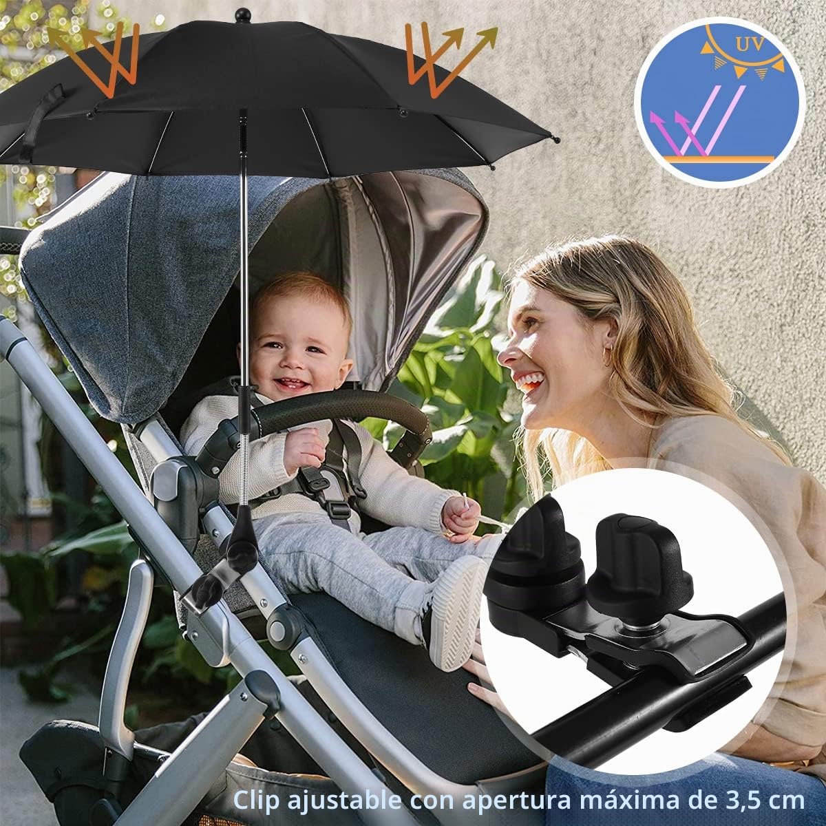 Parasol universal UV 50+ con pinza ajustable y brazo flexible para cochecito, bicicleta, silla de ruedas, silla de playa, Negro , 85CM(B)