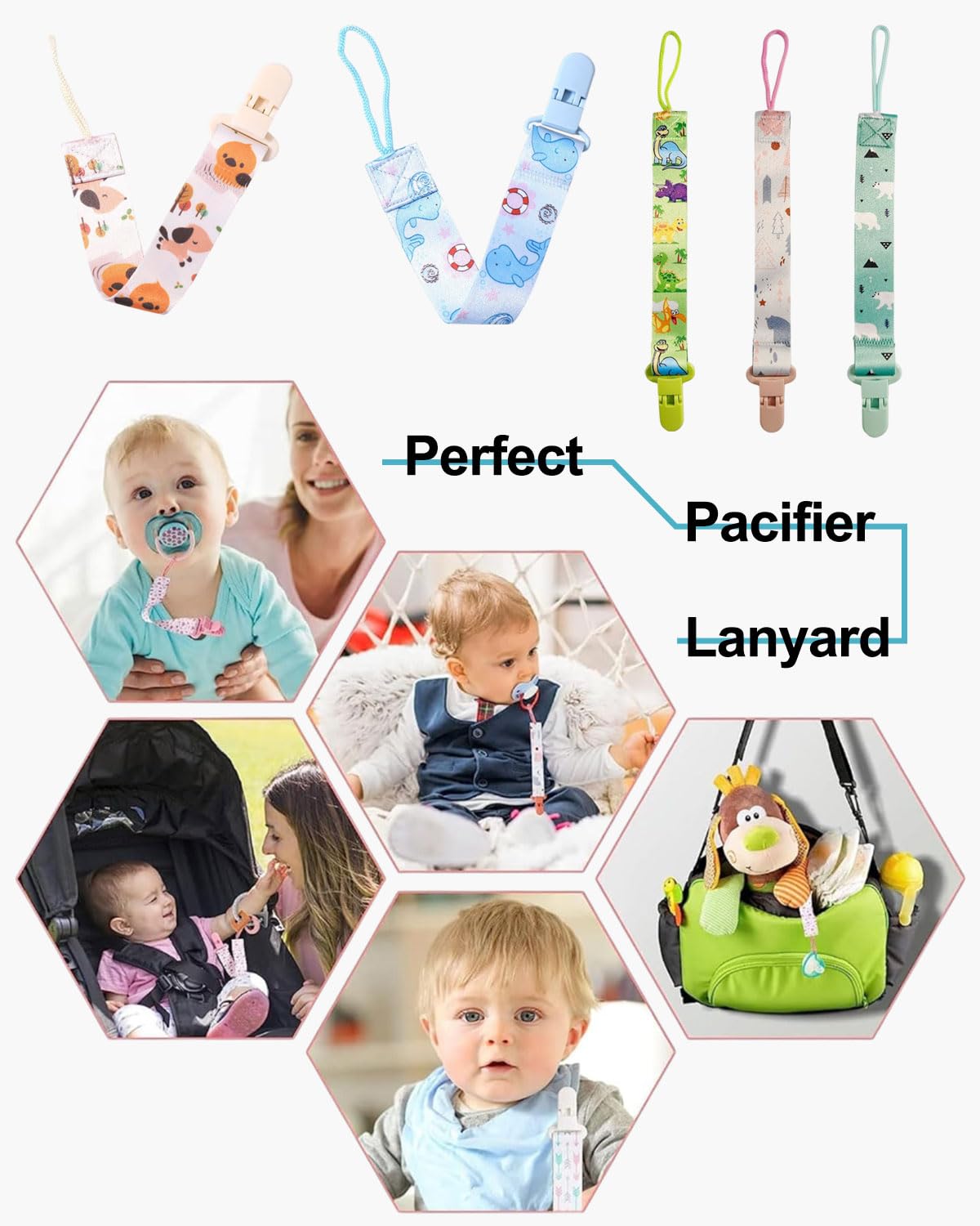 Attache Sucette Bébé Lot de 5, attaches-tétines avec sangles en coton, Pacifier Clip Chain