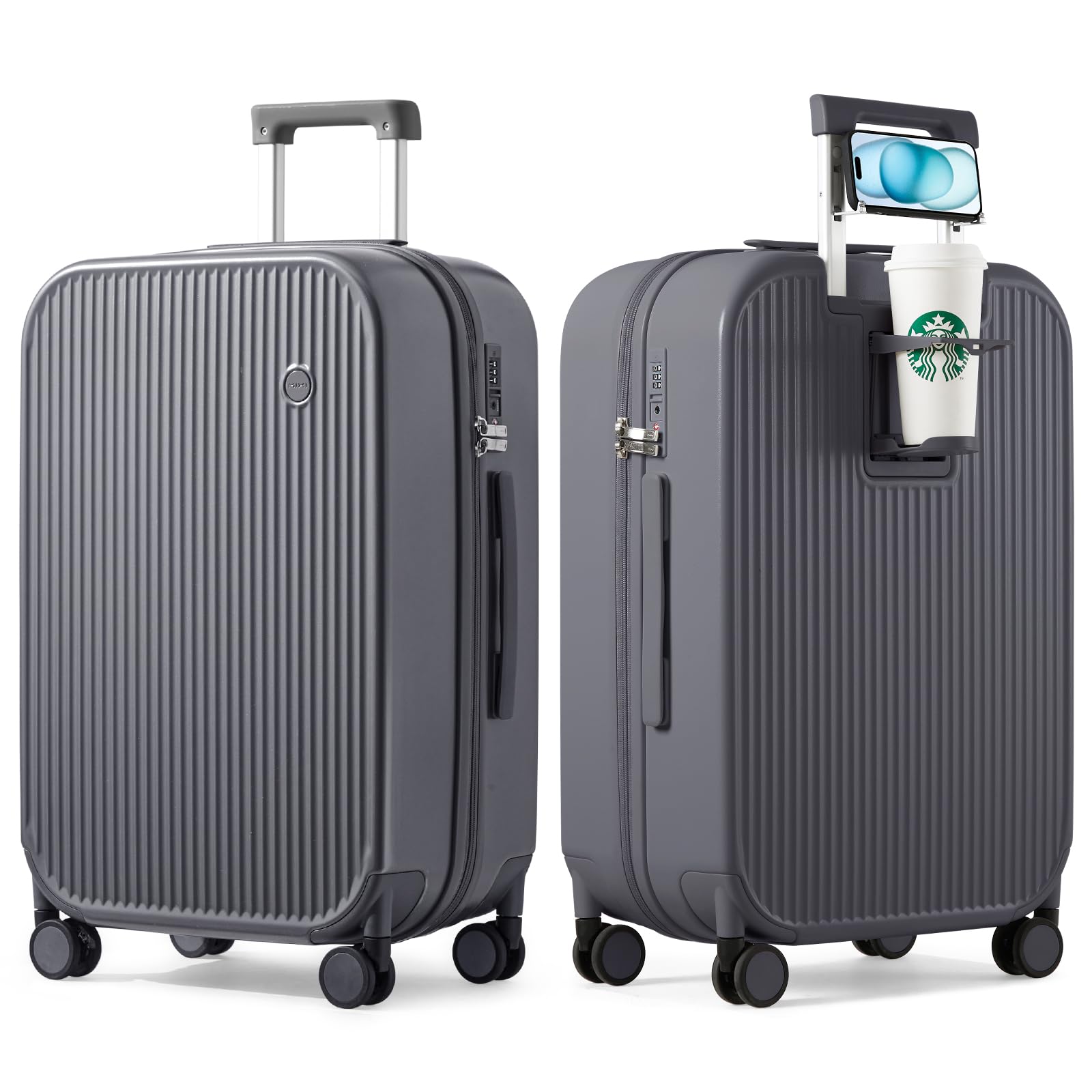 mixi Checked Luggage with Cup Phone Holder Hard Shell Rolling Travel Suitcases with Spinner Wheels,26 Inch Rock Grey
