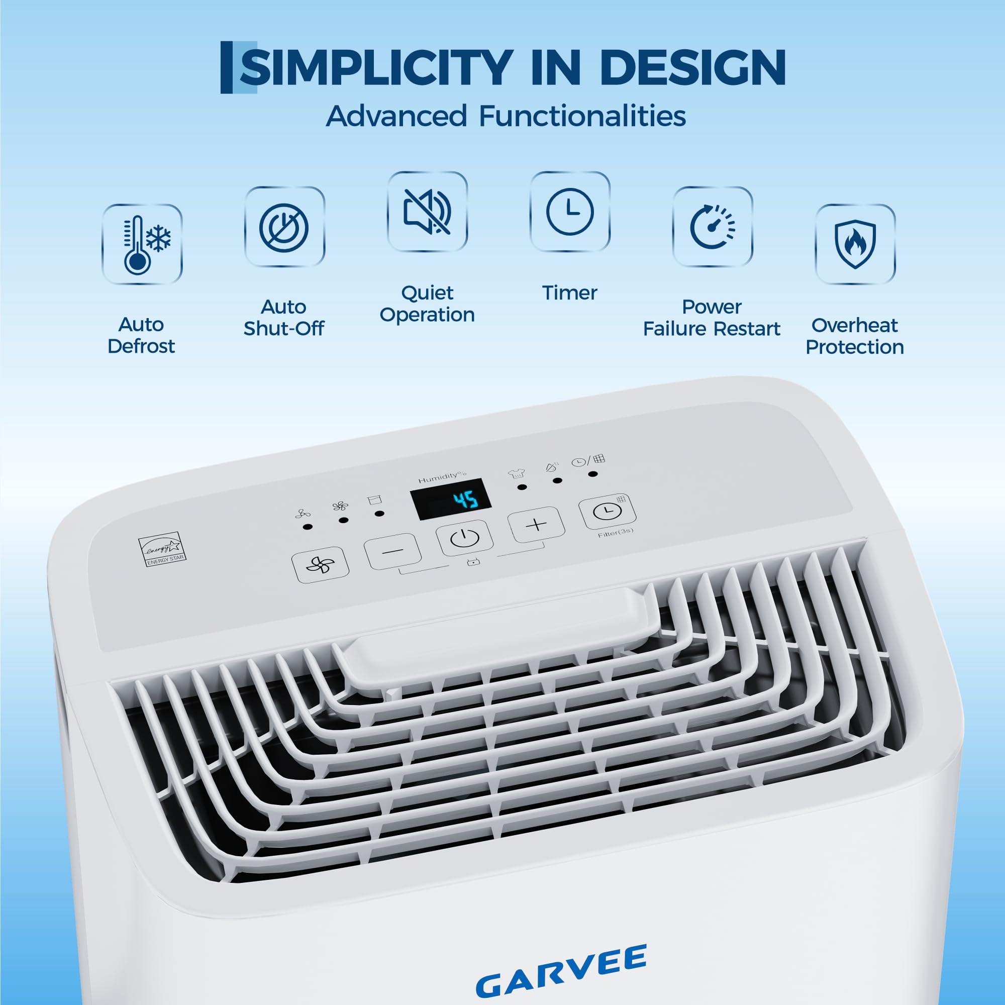 GarveLife Deshumidificador 20L/Día para Habitaciones hasta 280 m², Extractor de Humedad Eléctrico Silencioso, Drenaje Continuo, Pantalla Digital, Portátil para Hogar, Sótano, Baño, 32x22x50cm