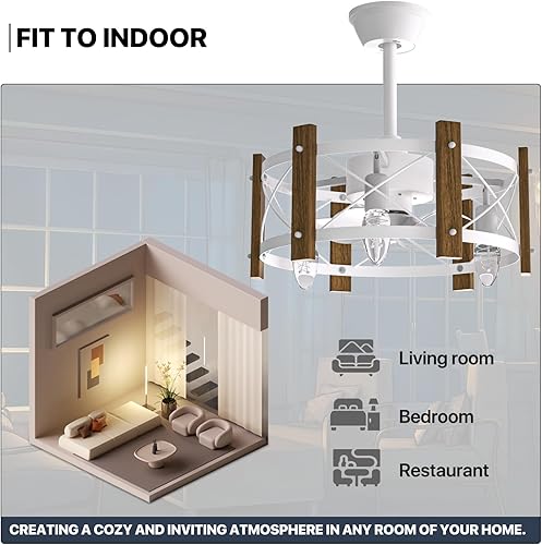 Miniatura 12 de mollie Ventilador de techo enjaulado de 18 pulgadas con jaula de metal y madera, motor de CA reversible silencioso, control remoto de 3 velocidades,
