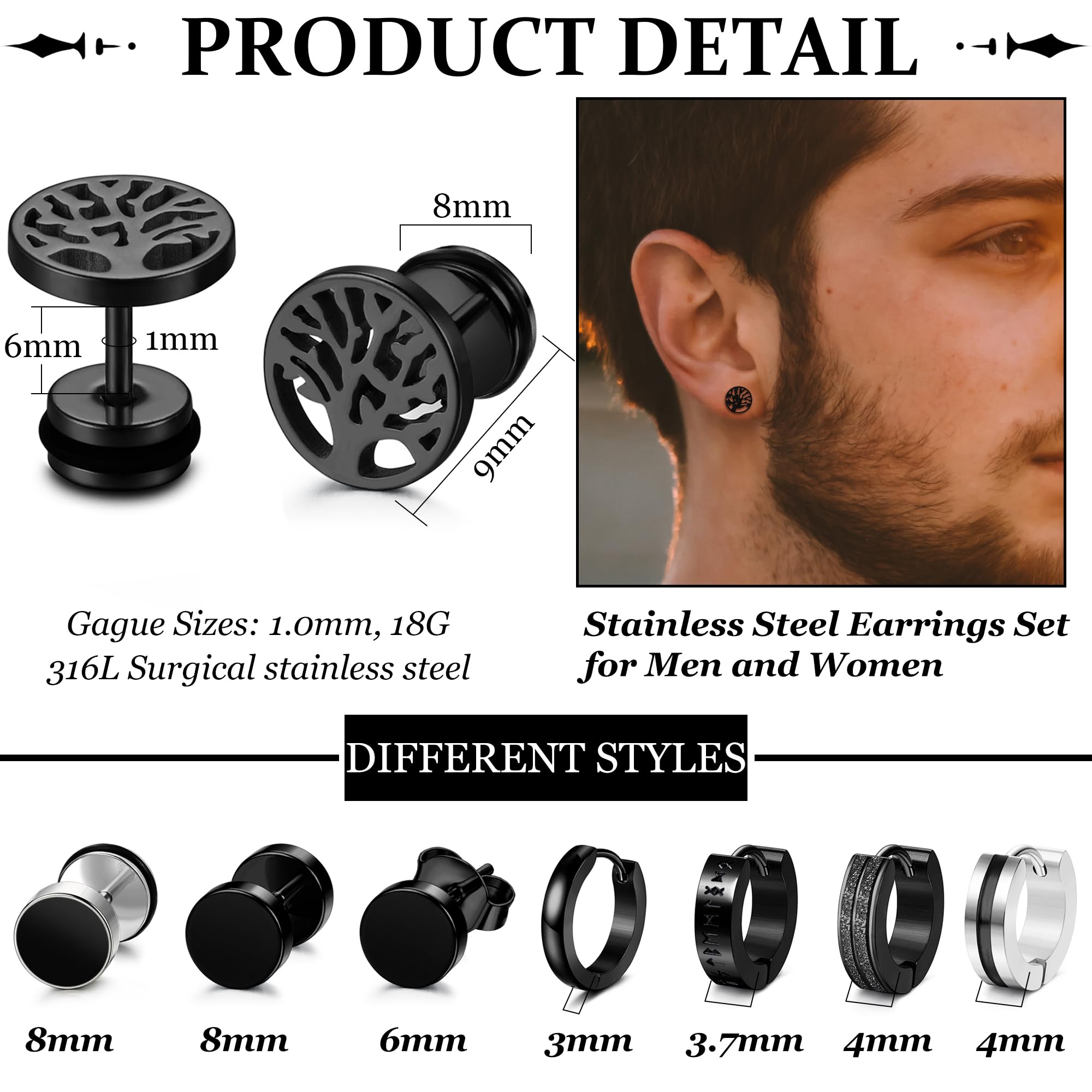 YADOCA 8 Paia Orecchini Uomo Orecchini Neri per Uomo Acciaio Inossidabile Ipoallergenico Orecchio Piercing Nero Orecchino Uomo Cerchio per Uomo Ragazzi