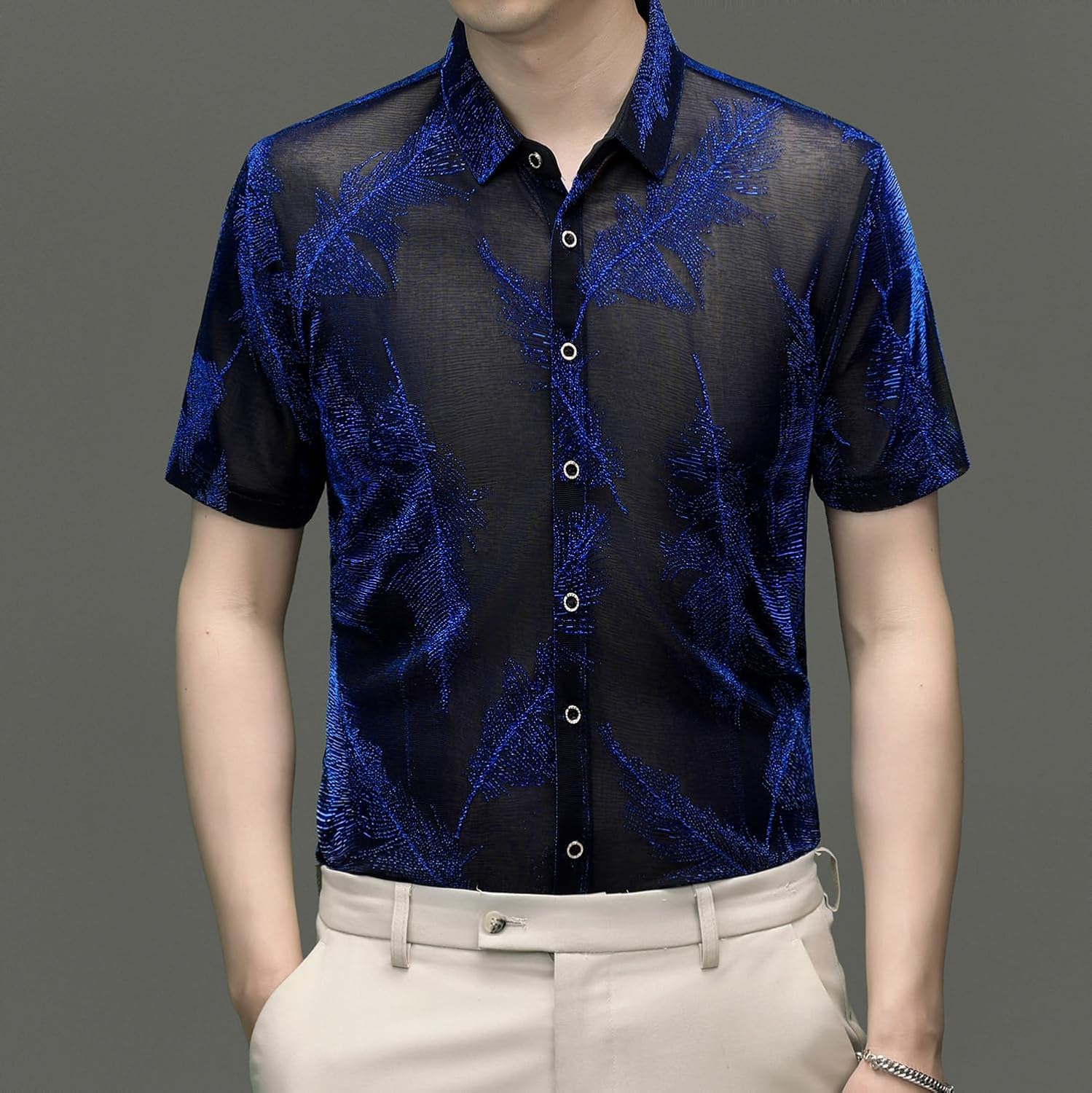 Mens Summer See Through Breathable Sexy Night Club Dance Cool Short Sleeve Shirts