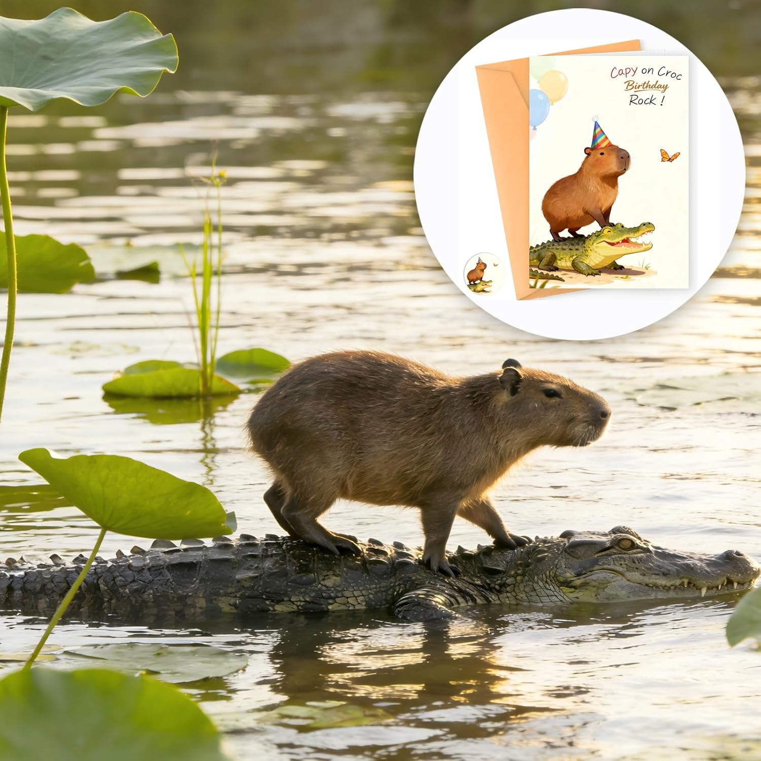 1 Pack Funny Capybara Birthday Card with Envelopes & Stickers, Assorted “Capy Birthday” Animal Pun, 9 Unique Designs, 4x6", for Capybara Lover Gifts, Capy Themed B-day Party Favor (On Crocodile)