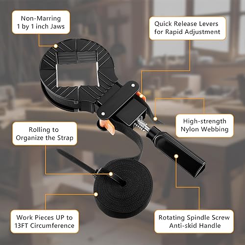 Miniatura 4 de Feekoon Abrazaderas de correa para carpintería, abrazaderas de banda de liberación rápida con 4 pinzas de esquina, abrazaderas de cinturón gruesas y