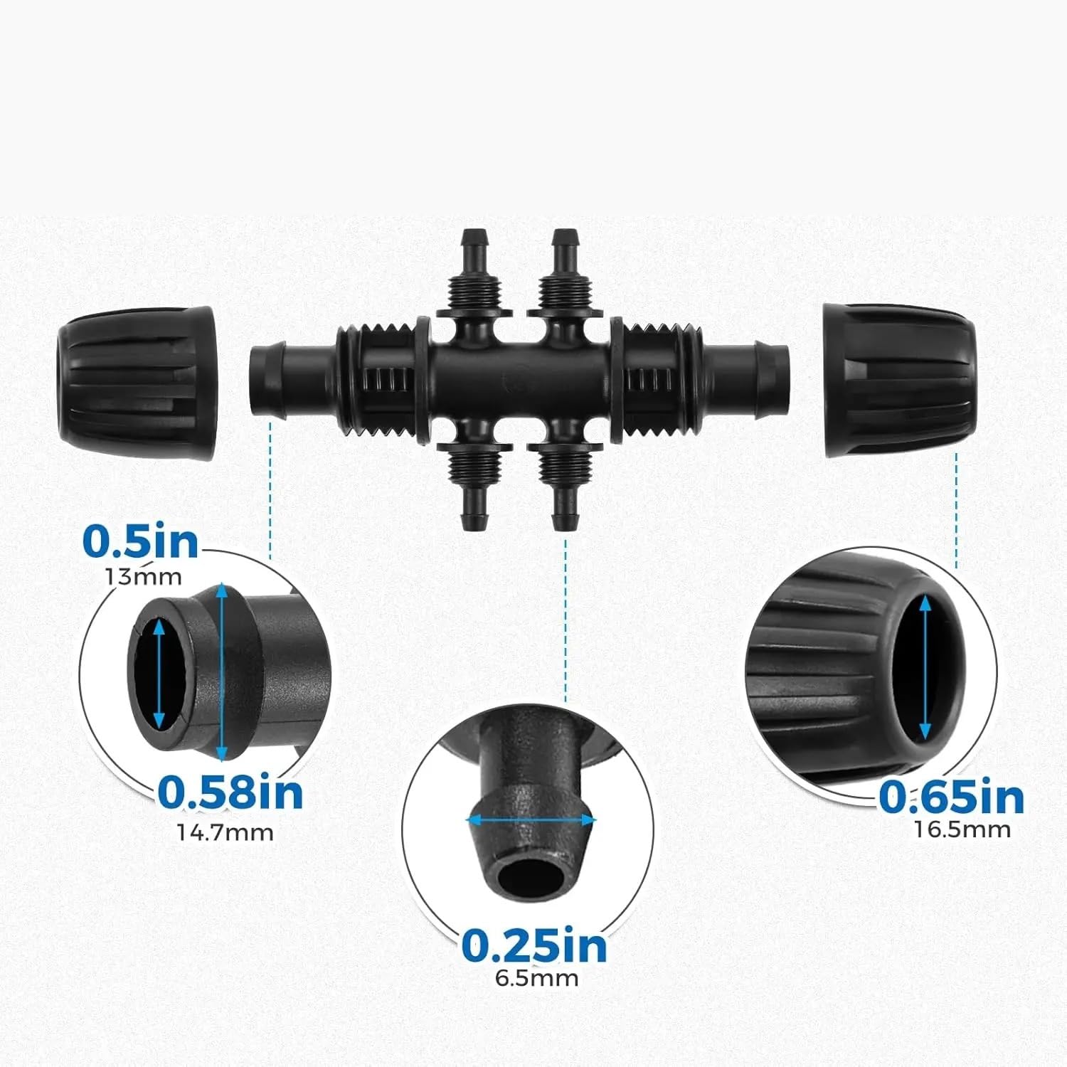 20 pezzi da 1/2" a 1/4" per tubi di irrigazione, raccordi per (1/2" ID x 0,60"-0,63" OD) connettori a T a 6 vie con bloccaggio a goccia 16 mm