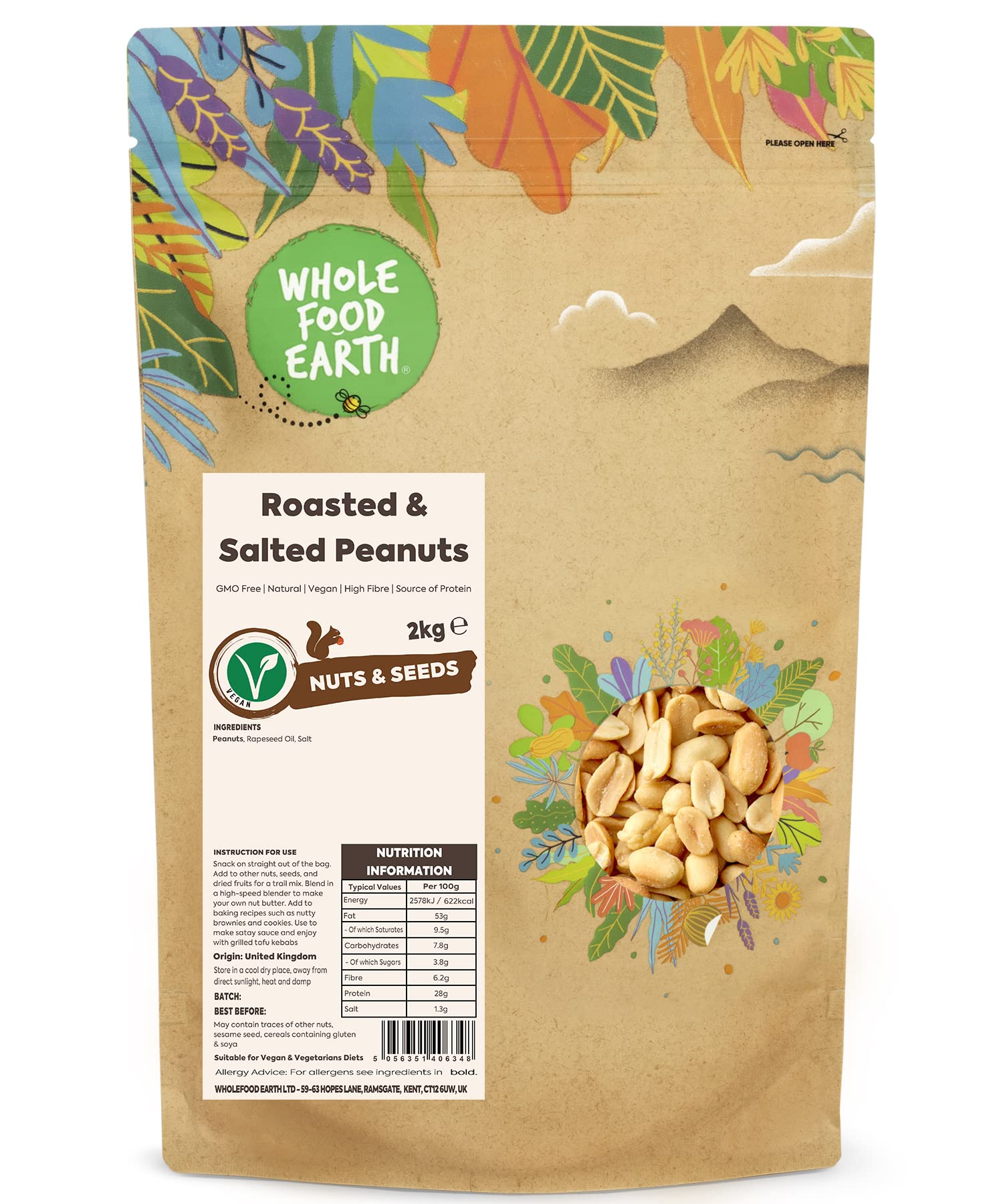 Wholefood Earth Roasted and Salted Peanuts 2 kg | GMO Free | Natural | High Fibre | Source of Protein