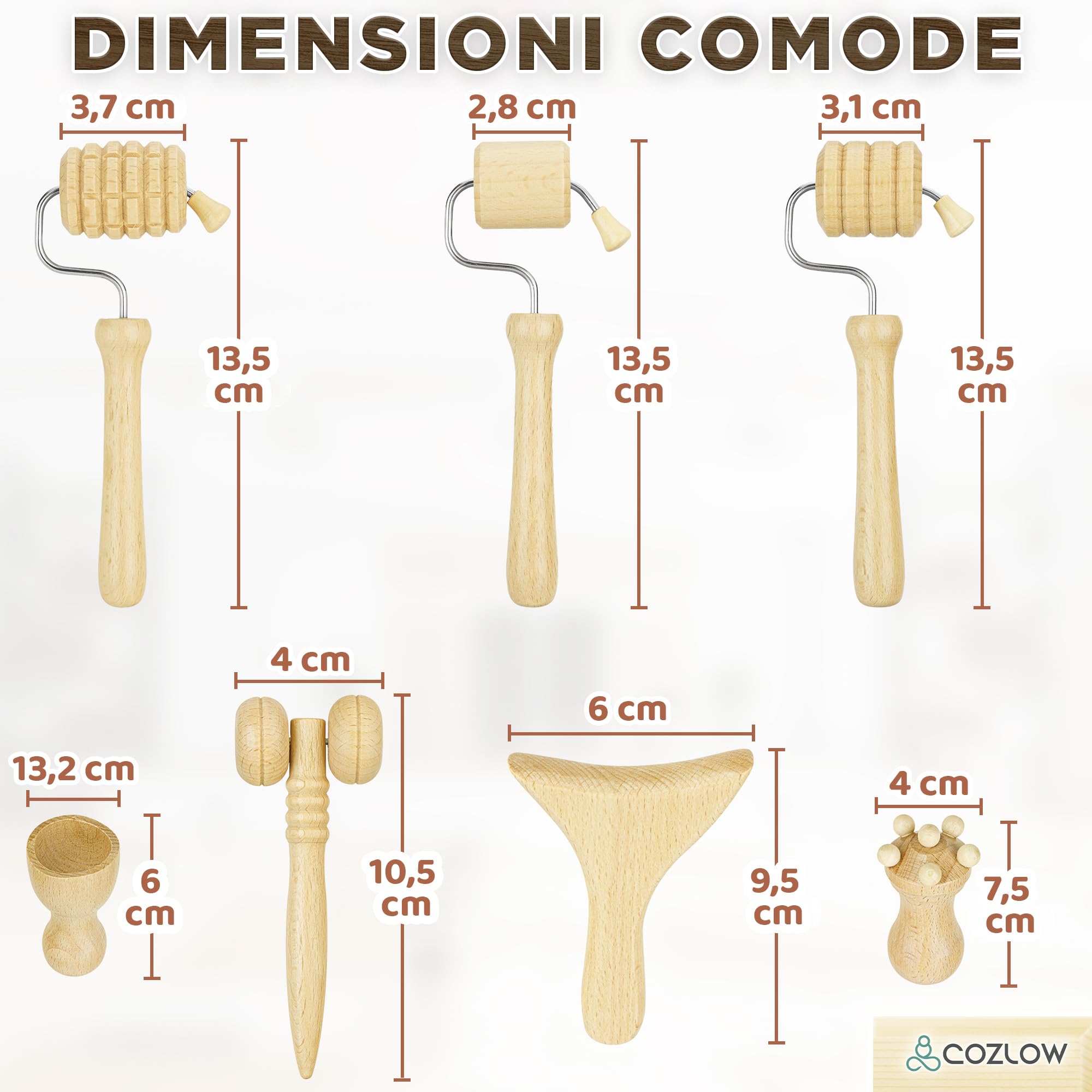 COZLOW Strumenti per massaggio facciale in legno (set da 7 pezzi), kit massaggiatore viso in legno Gua Sha per lifting viso, drenaggio linfatico, cura della pelle e anti-invecchiamento