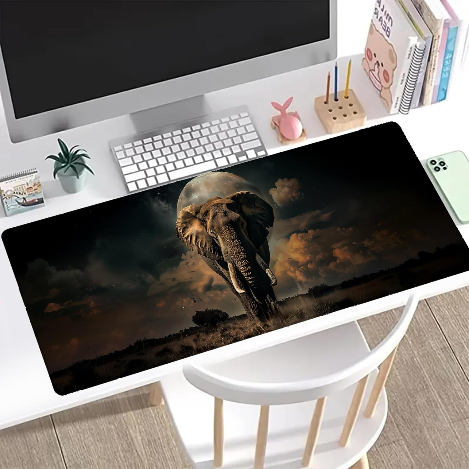 Majestic Elephant Gaming Mouse Pad, Office Desk Mat, Anti-Slip Rubber Base Cool Aesthetic Mouse Pads for Computer Laptop Keyboard School Home Desktop Gamer Home Accessories Decor 31.5" x 11.8"