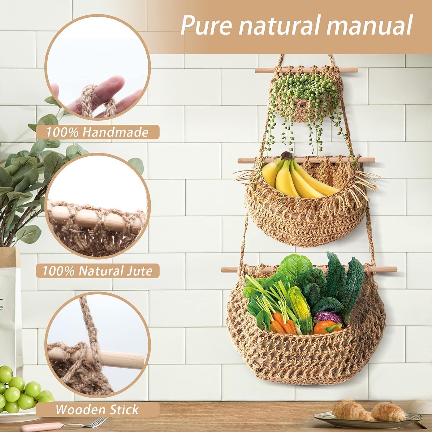 Lot de 4 corbeilles à fruits à suspendre au mur pour fruits et légumes, corde de jute tissée, support de rangement mural à suspendre sur la porte, organiseur avec 8 crochets pour cuisine, chambre à